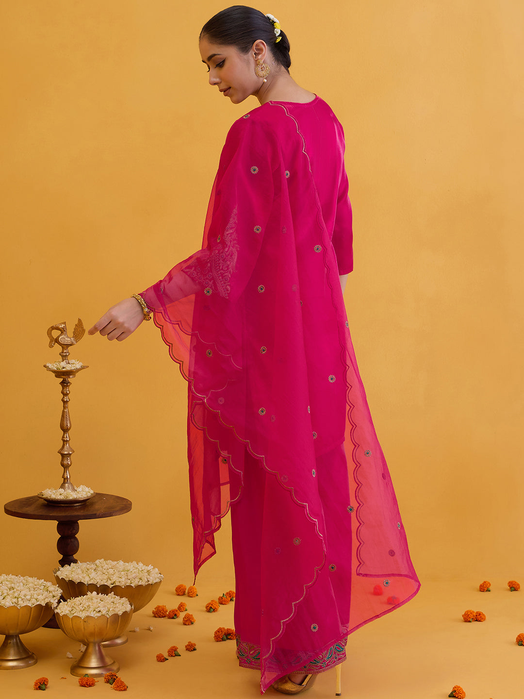 Janasya Women's Pink Silk Blend Zari Embroidered Straight Kurta with Palazzo And Dupatta Set