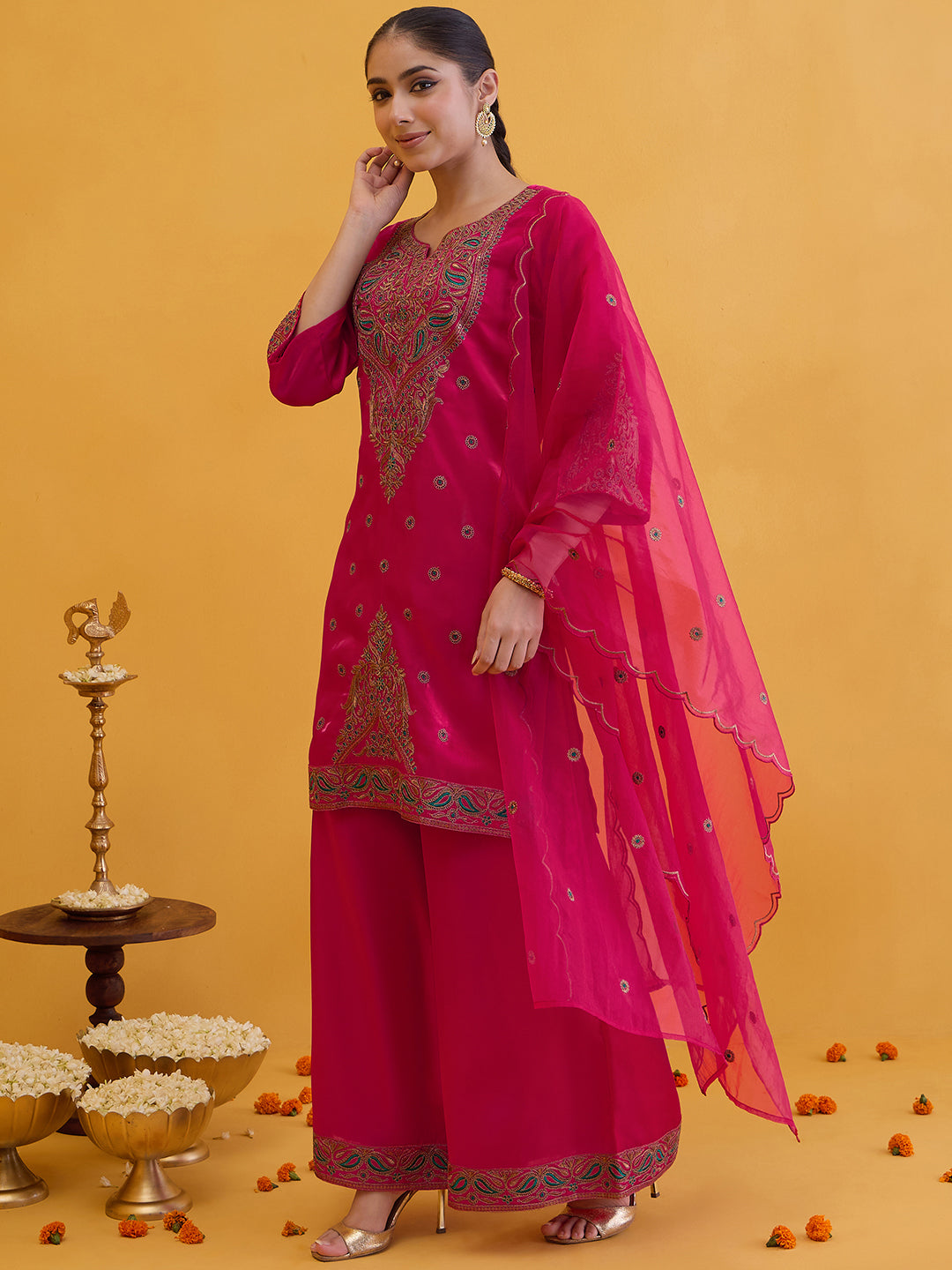 Janasya Women's Pink Silk Blend Zari Embroidered Straight Kurta with Palazzo And Dupatta Set