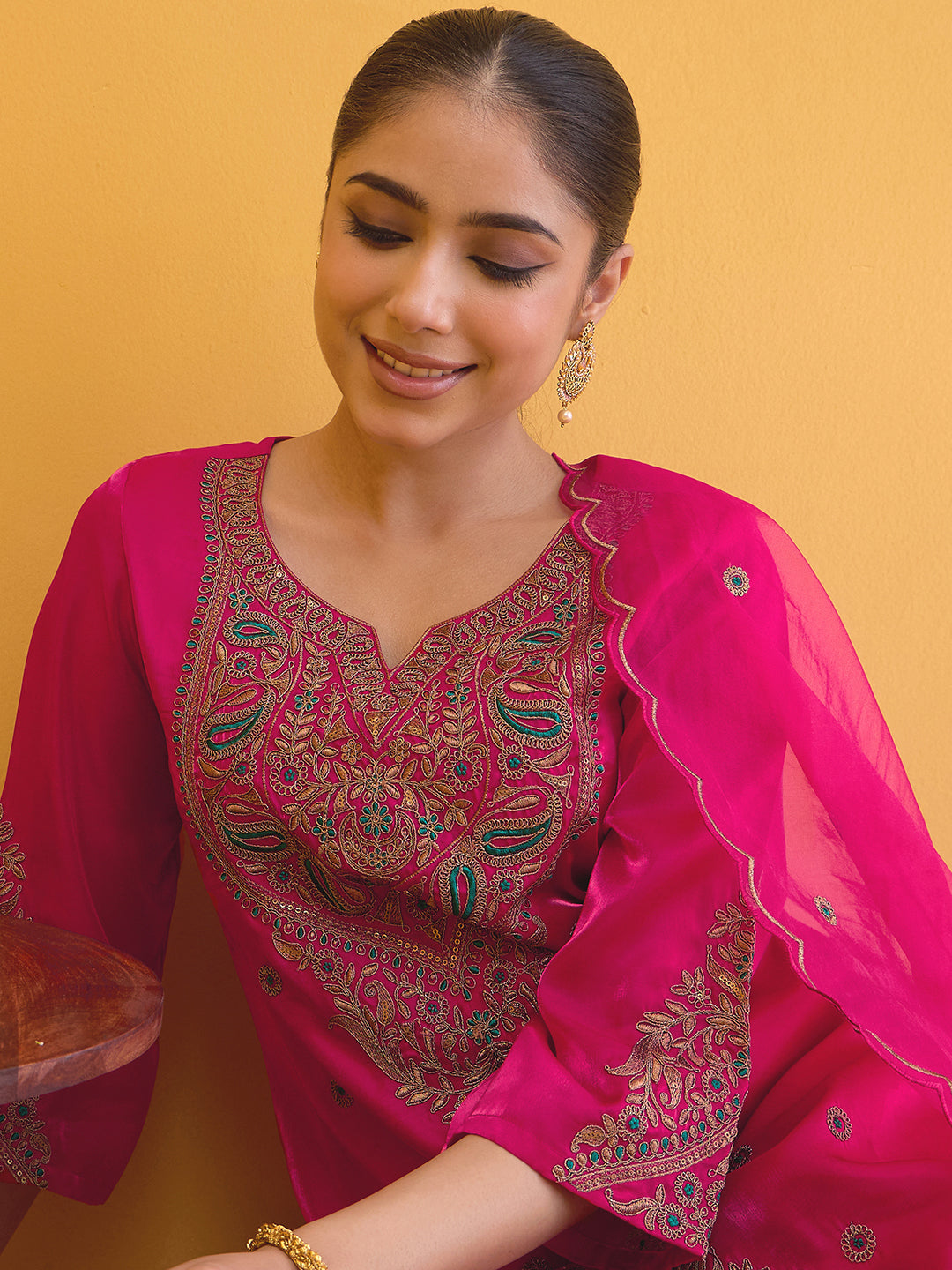 Janasya Women's Pink Silk Blend Zari Embroidered Straight Kurta with Palazzo And Dupatta Set