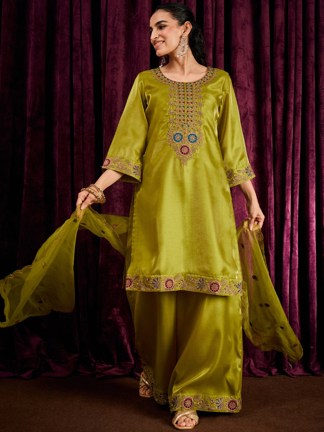 Janasya Women's Lime Green Silk Blend Floral Embroidered Straight Kurta with Sharara and Dupatta Set