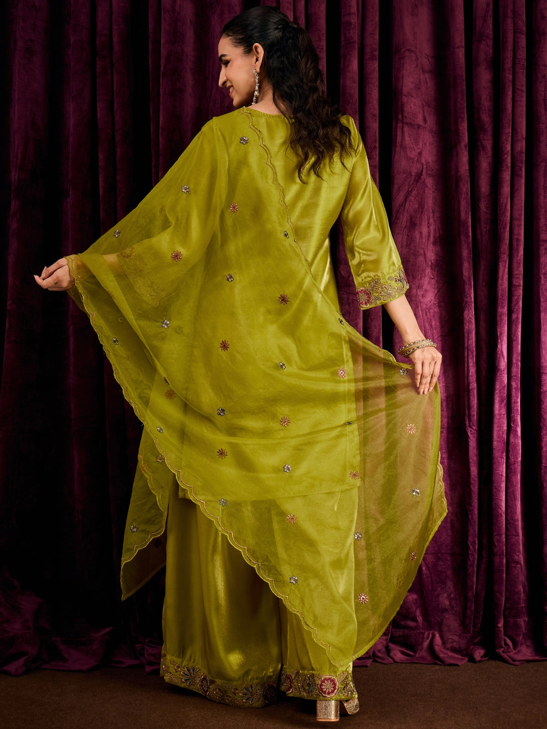 Janasya Women's Lime Green Silk Blend Floral Embroidered Straight Kurta with Sharara and Dupatta Set