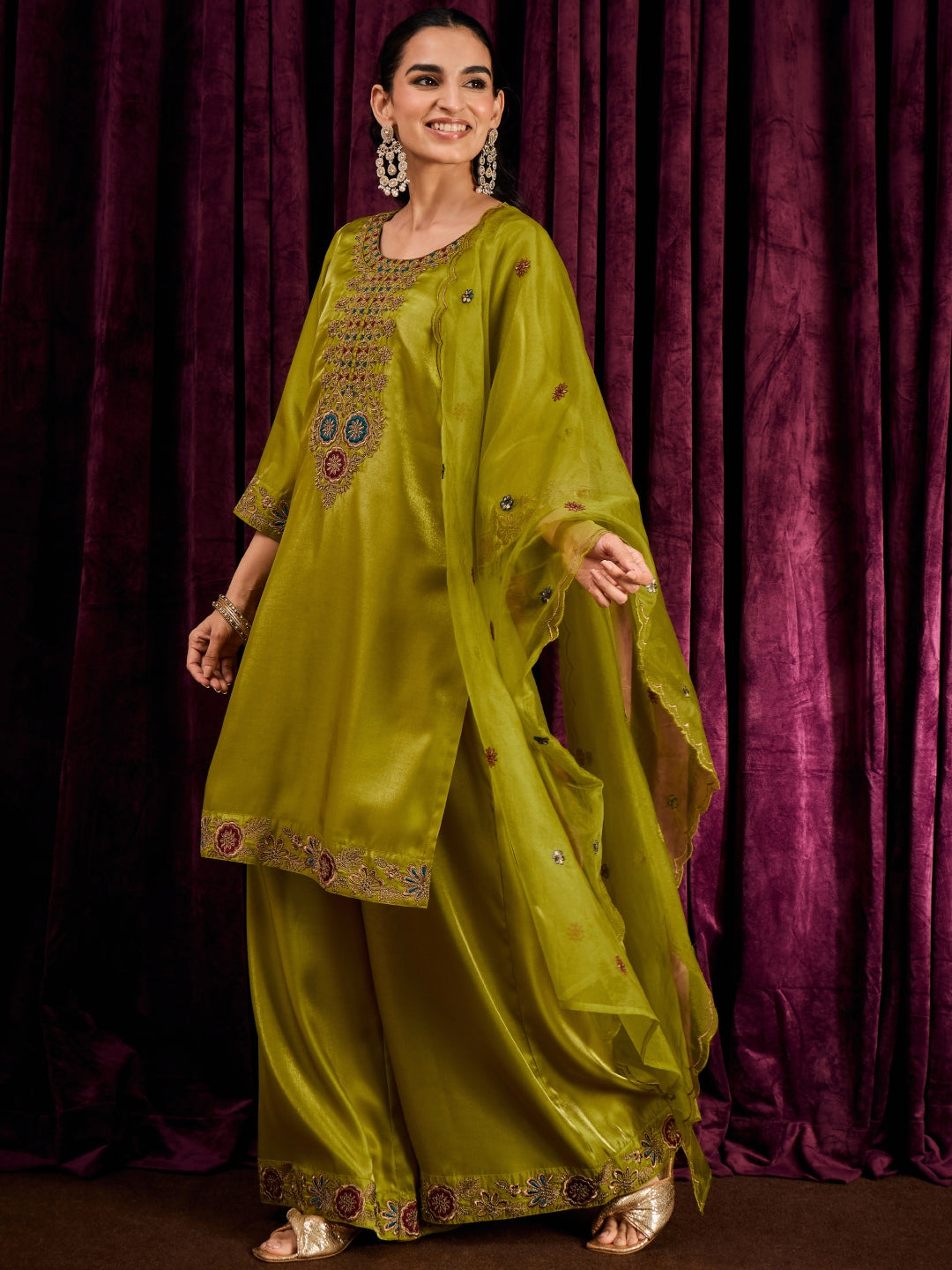 Janasya Women's Lime Green Silk Blend Floral Embroidered Straight Kurta with Sharara and Dupatta Set