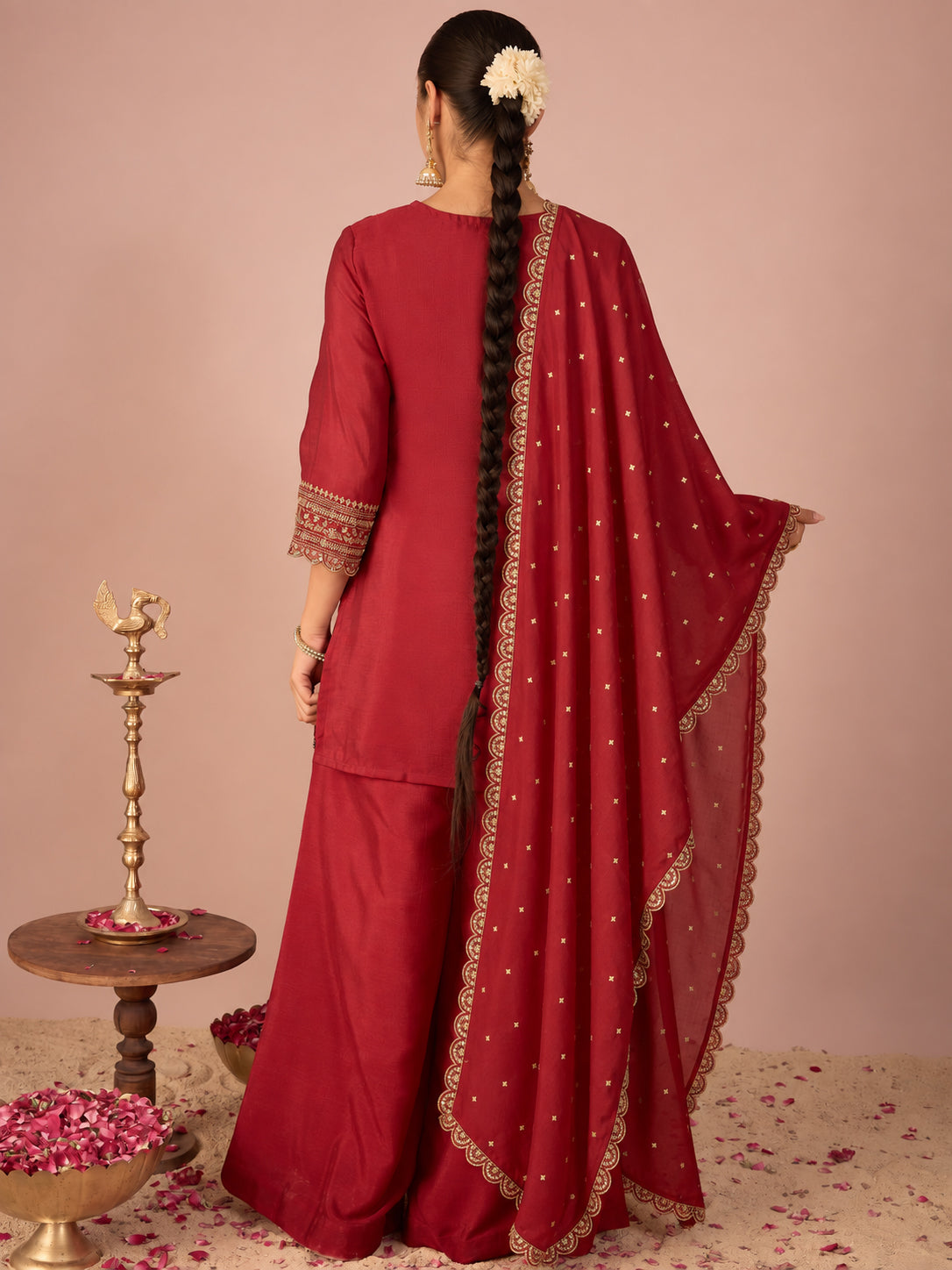 Janasya Women's Maroon Silk Blend Zari Embroidered Straight Kurta with Palazzo and Dupatta Set