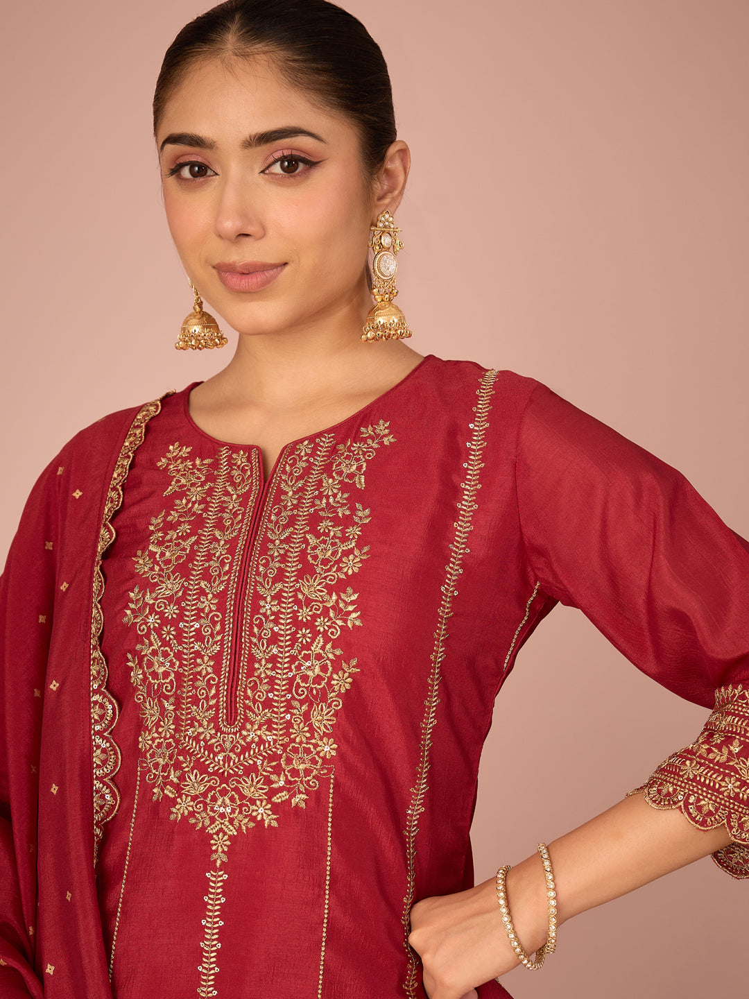 Janasya Women's Maroon Silk Blend Zari Embroidered Straight Kurta with Palazzo and Dupatta Set