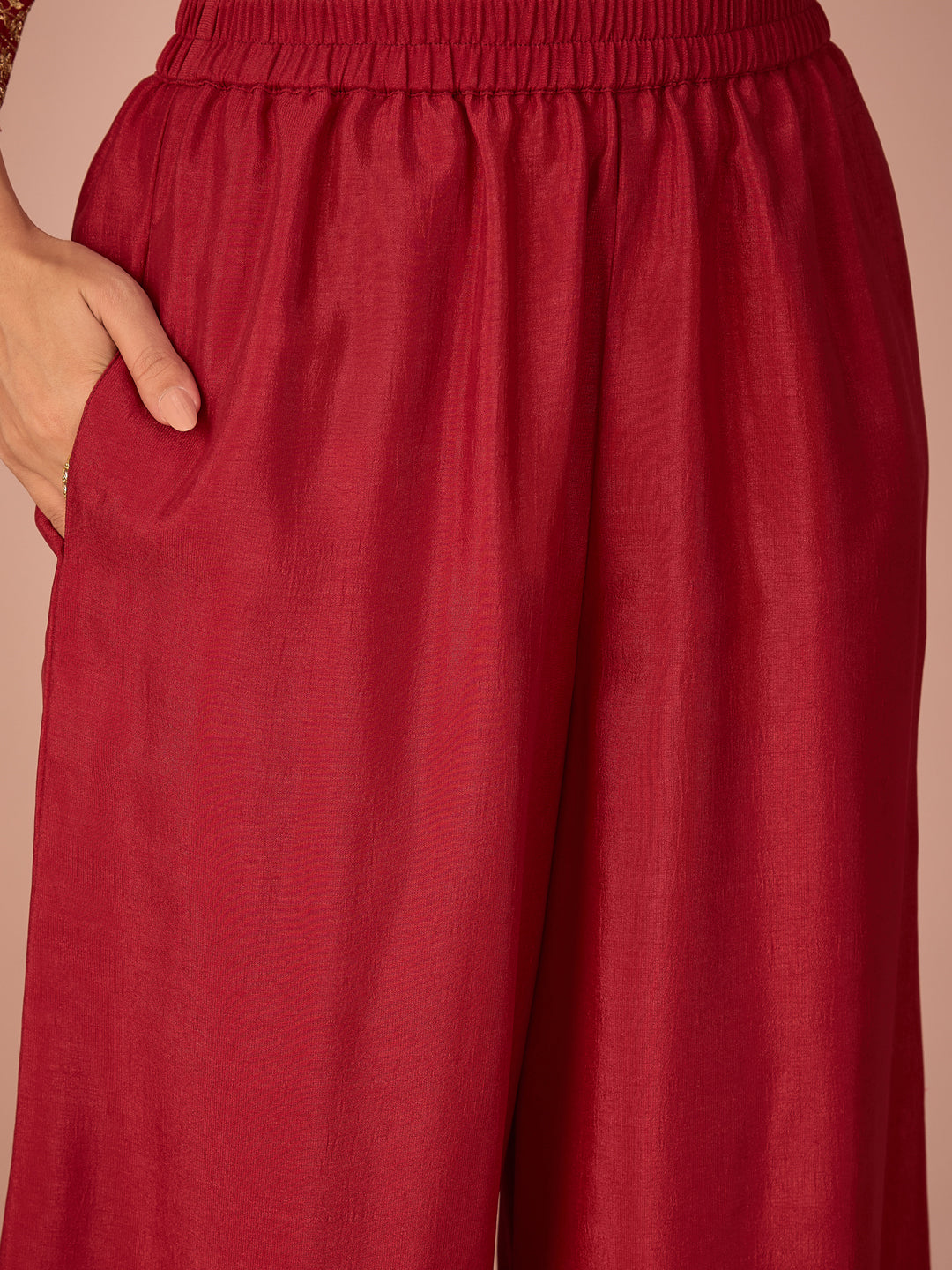 Janasya Women's Maroon Silk Blend Zari Embroidered Straight Kurta with Palazzo and Dupatta Set