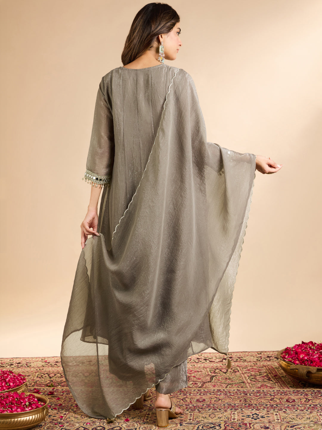 Janasya Women's Grey Tissue Silk Mirror and Beads Embroidered Anarkali Kurta Set
