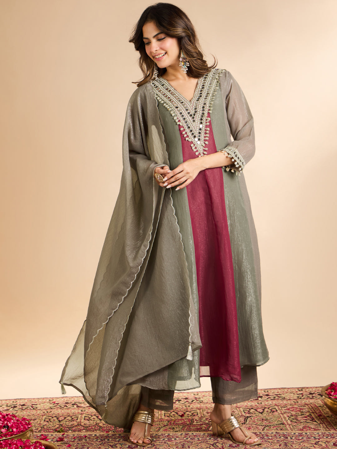 Janasya Women's Grey Tissue Silk Mirror and Beads Embroidered Anarkali Kurta Set