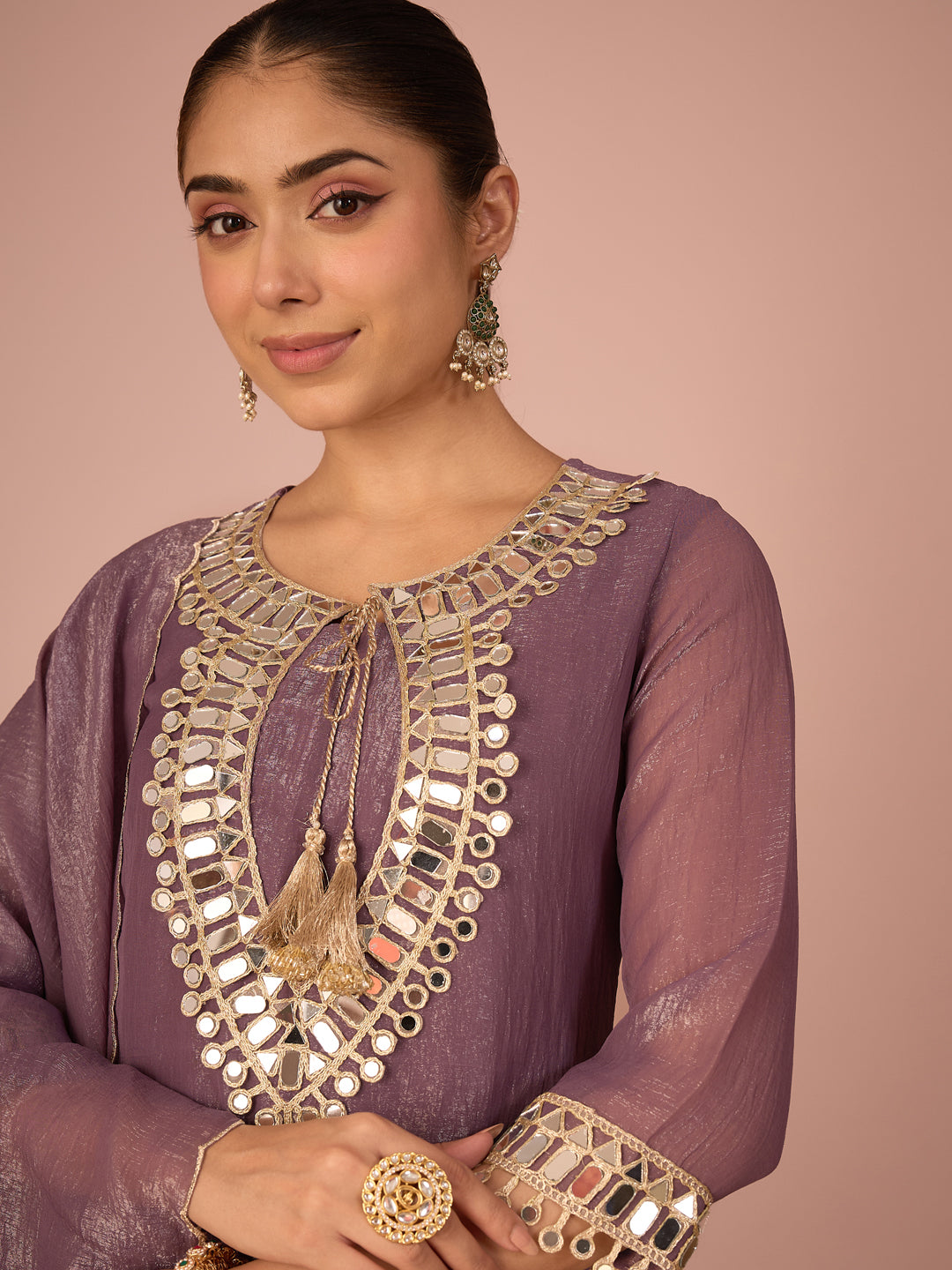 Janasya Women's Lavender Georgette Mirror Embroidered Straight Kurta Set
