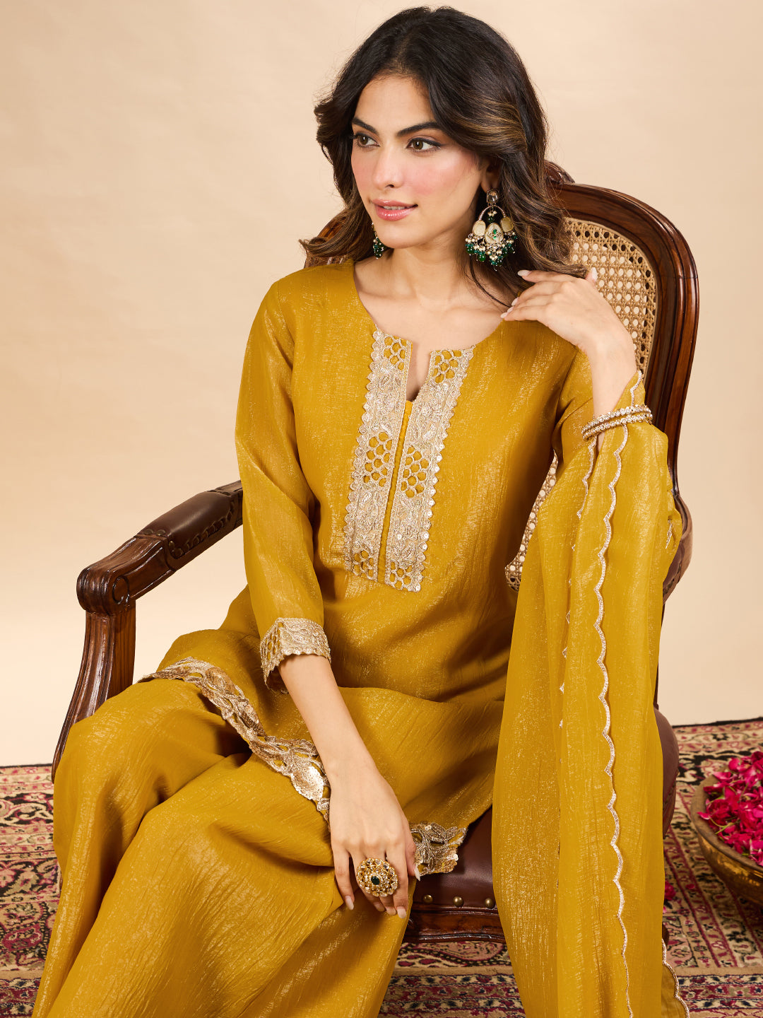 Janasya Women's Mustard Yellow Tissue Silk Floral Zari Embroidered Straight Kurta with Palazzo and Dupatta Set