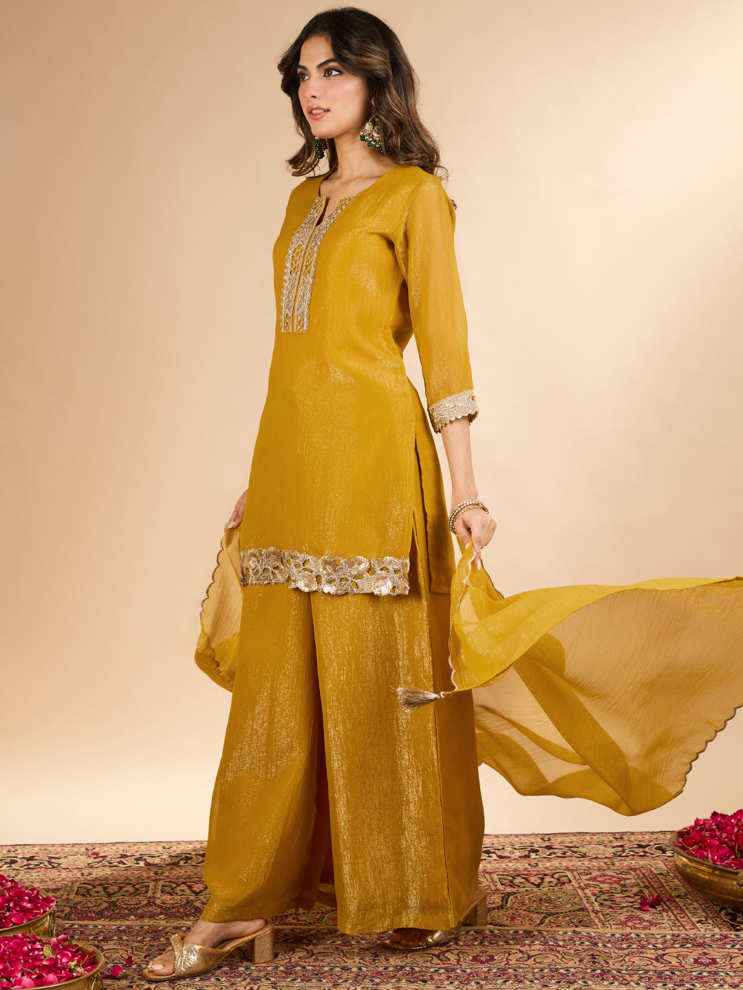 Janasya Women's Mustard Yellow Tissue Silk Floral Zari Embroidered Straight Kurta with Palazzo and Dupatta Set