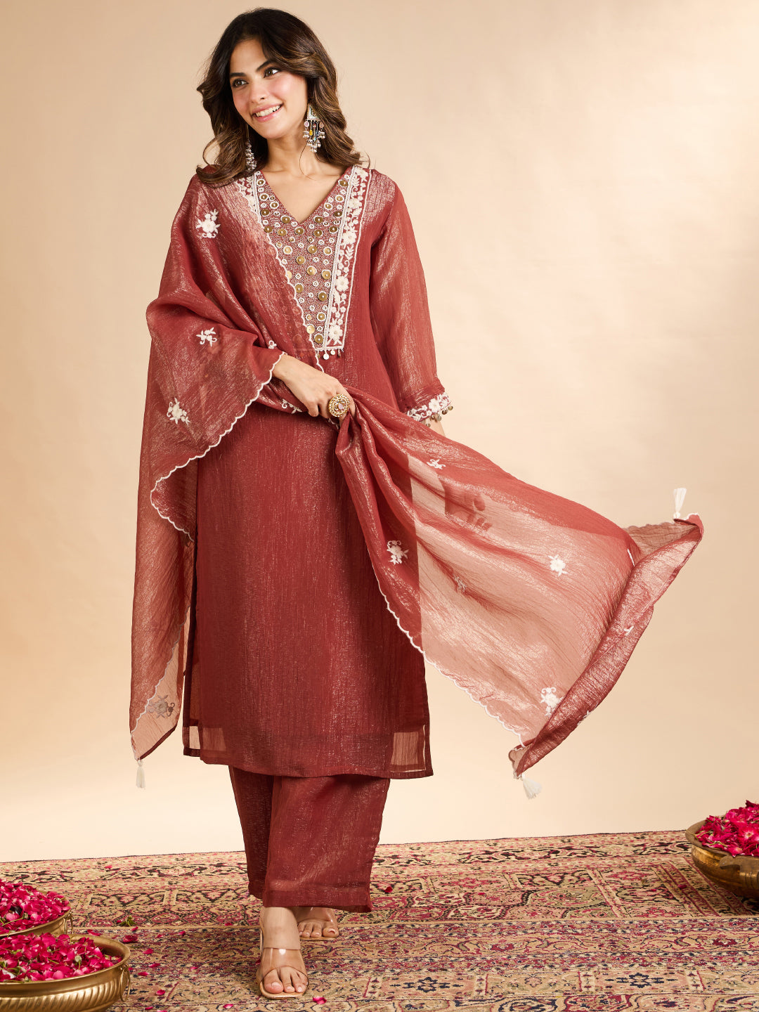 Janasya Women's Rust Tissue Silk Floral Pearl Beads Embroidered Straight Kurta Set
