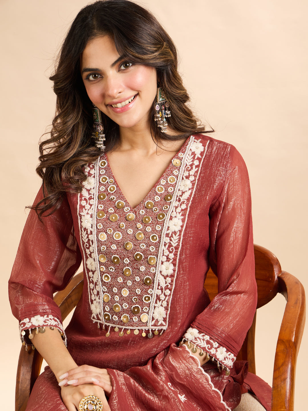 Janasya Women's Rust Tissue Silk Floral Pearl Beads Embroidered Straight Kurta Set