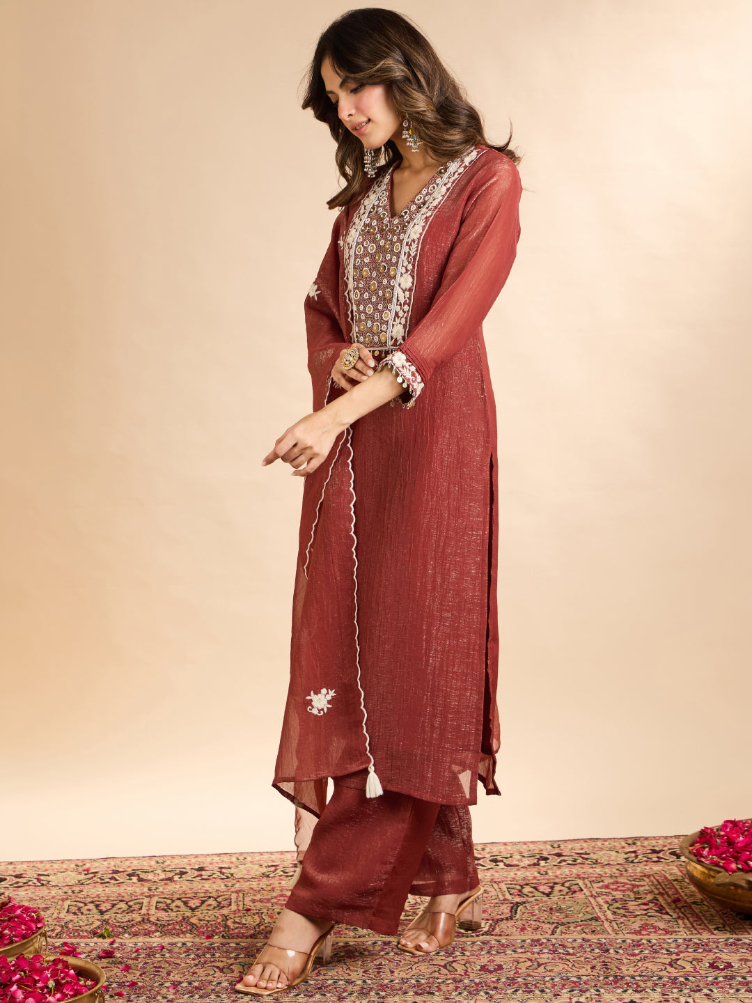 Janasya Women's Rust Tissue Silk Floral Pearl Beads Embroidered Straight Kurta Set