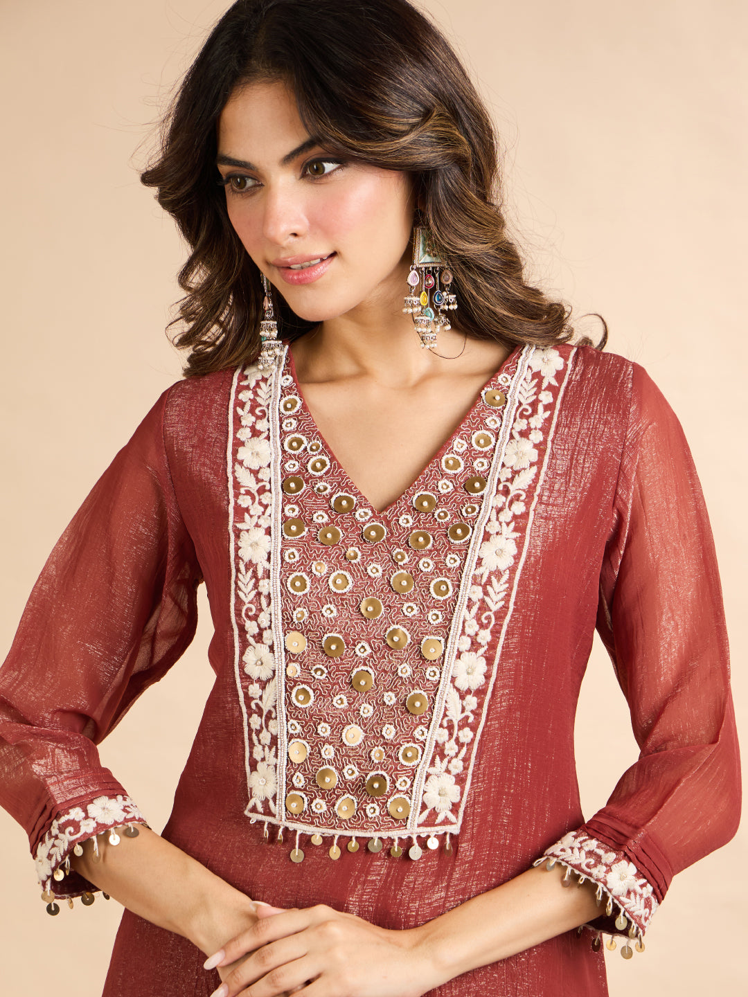 Janasya Women's Rust Tissue Silk Floral Pearl Beads Embroidered Straight Kurta Set
