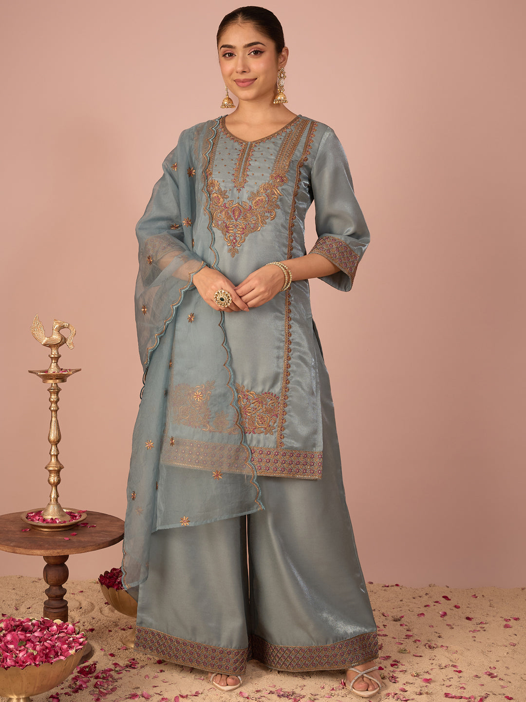 Janasya Women's Blue Silk Blend Floral Zari Embroidered Straight Kurta with Palazzo and Dupatta Set