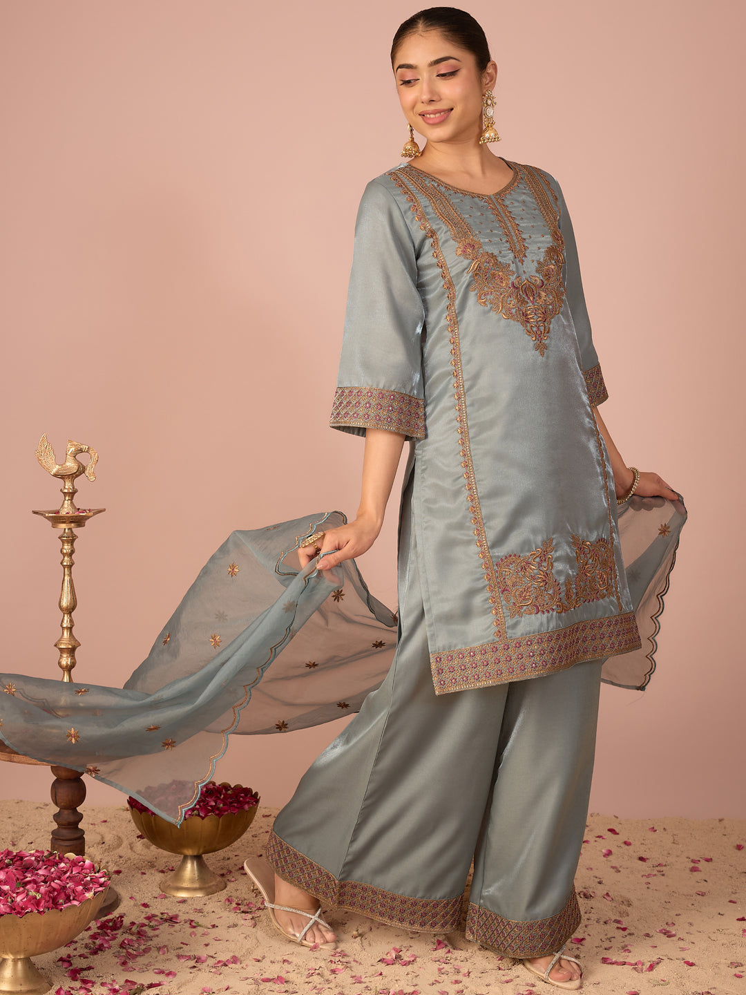 Janasya Women's Blue Silk Blend Floral Zari Embroidered Straight Kurta with Palazzo and Dupatta Set