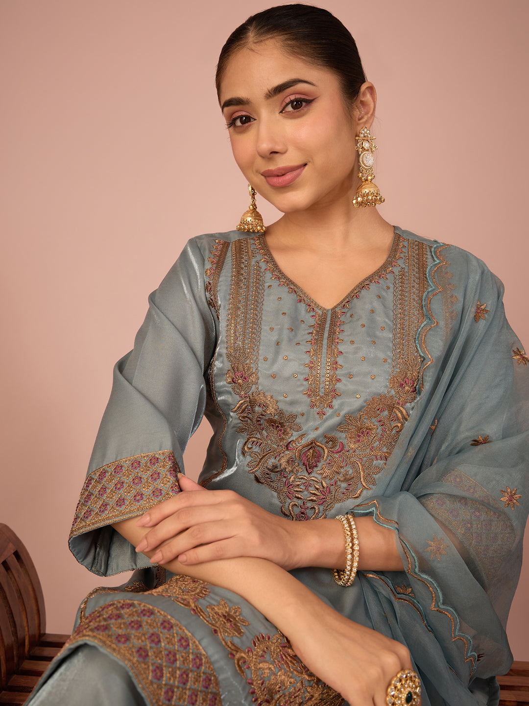 Janasya Women's Blue Silk Blend Floral Zari Embroidered Straight Kurta with Palazzo and Dupatta Set