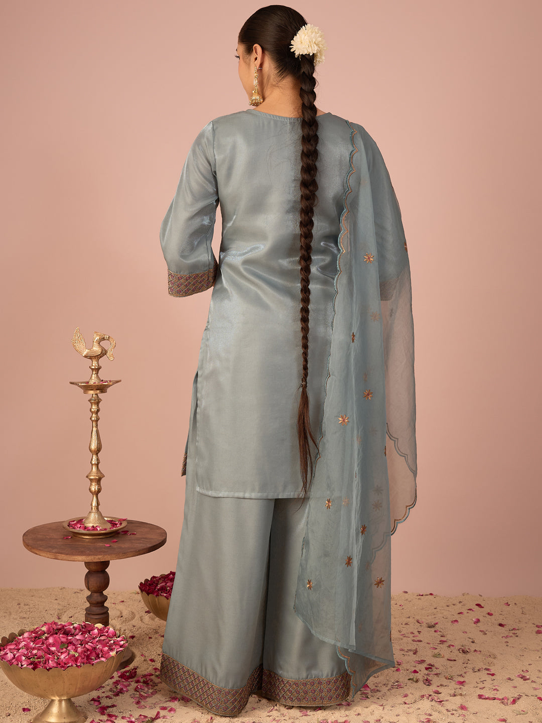Janasya Women's Blue Silk Blend Floral Zari Embroidered Straight Kurta with Palazzo and Dupatta Set