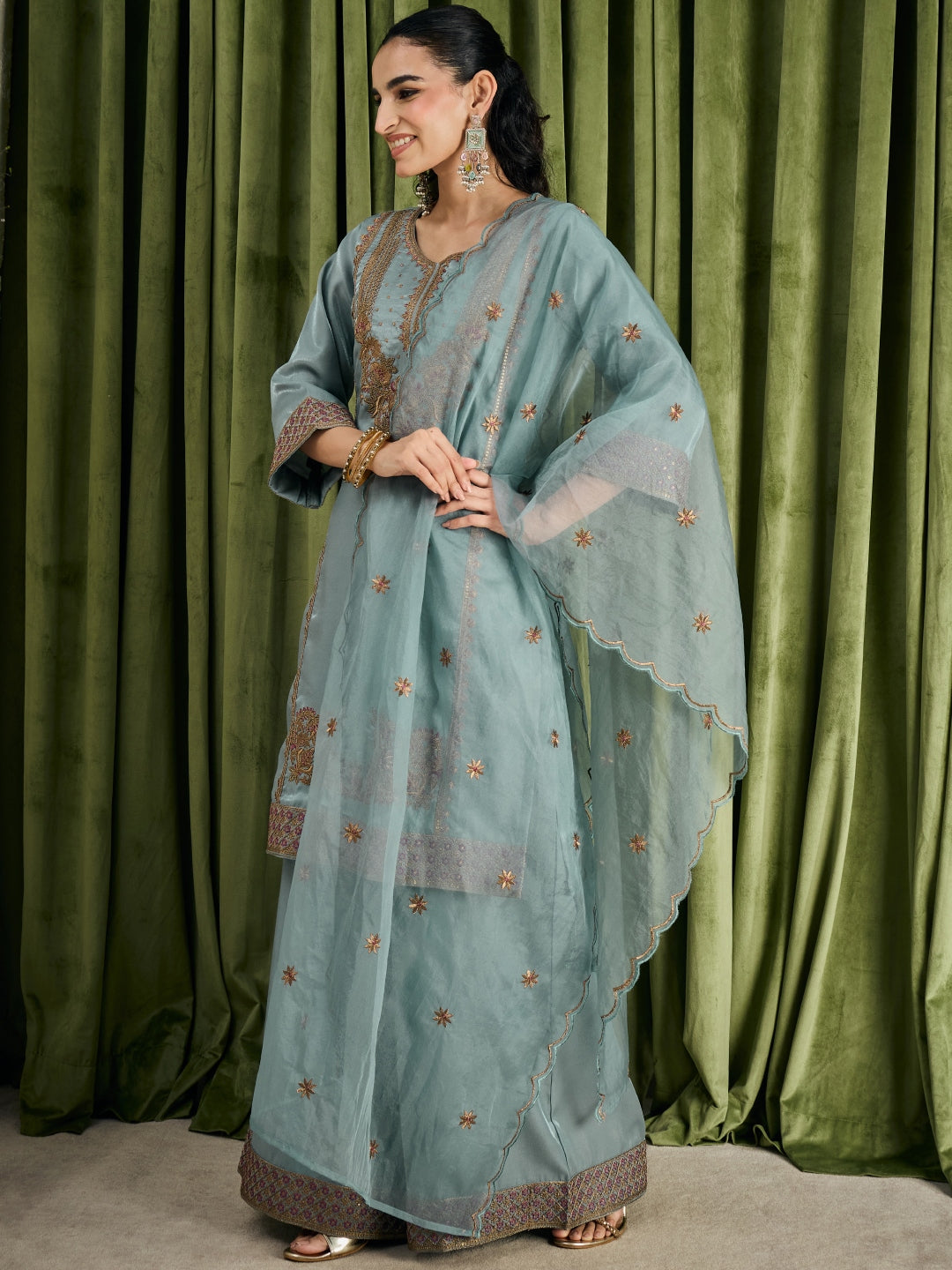 Janasya Women's Blue Silk Blend Floral Zari Embroidered Straight Kurta with Palazzo and Dupatta Set