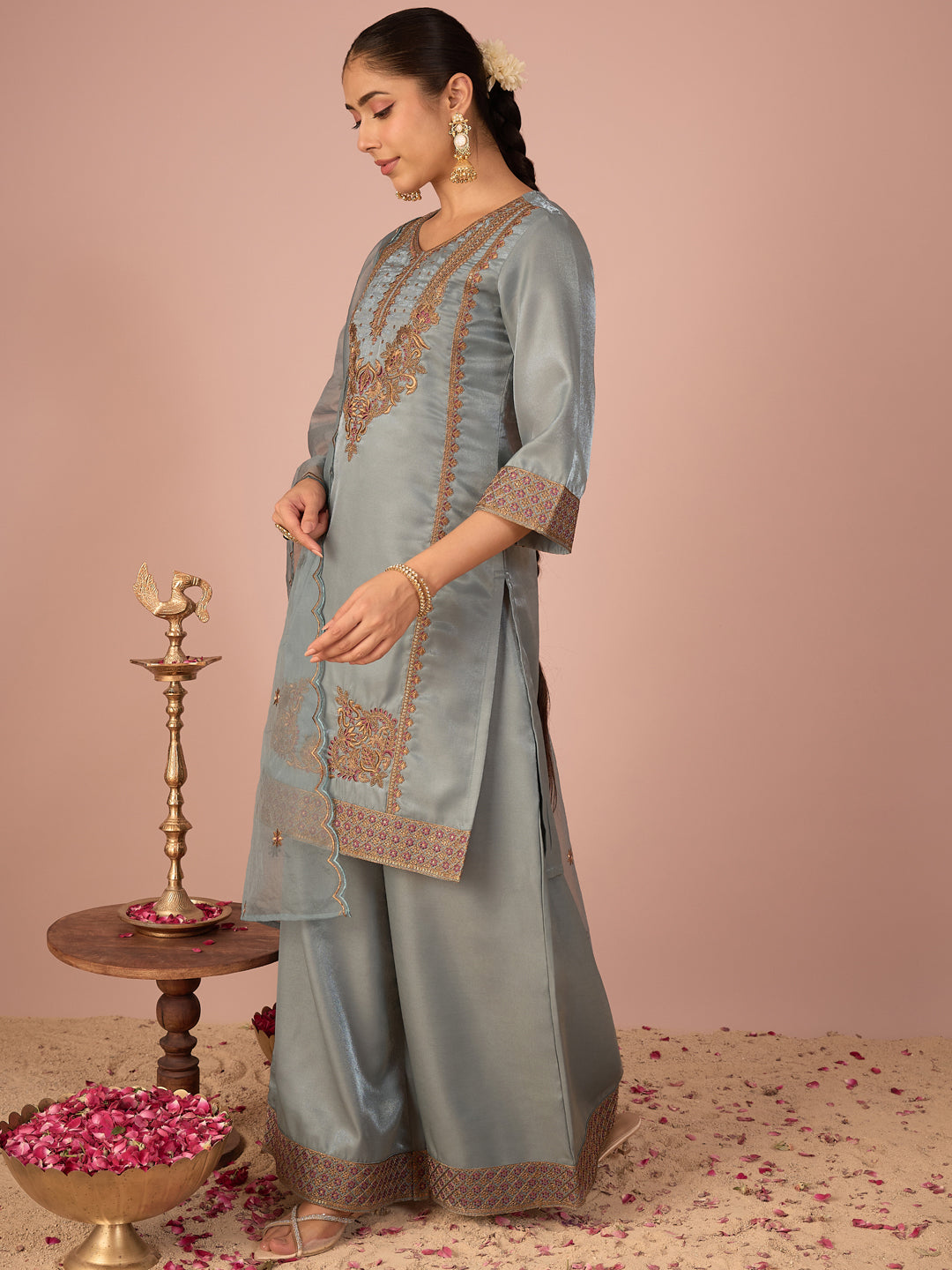 Janasya Women's Blue Silk Blend Floral Zari Embroidered Straight Kurta with Palazzo and Dupatta Set