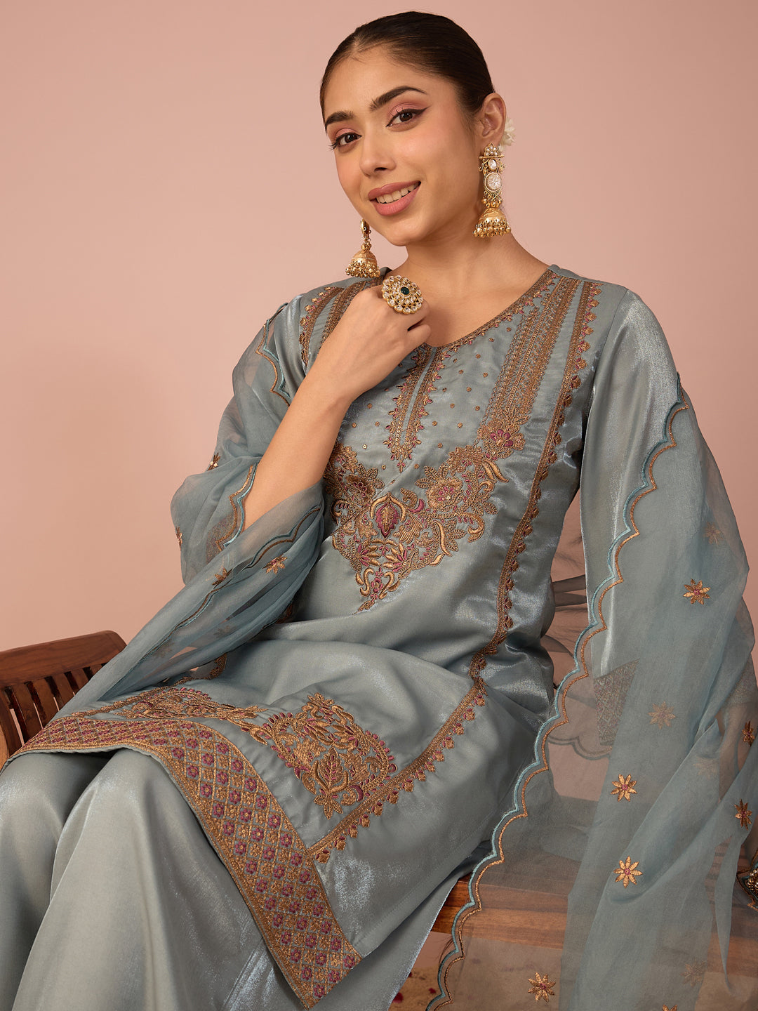 Janasya Women's Blue Silk Blend Floral Zari Embroidered Straight Kurta with Palazzo and Dupatta Set