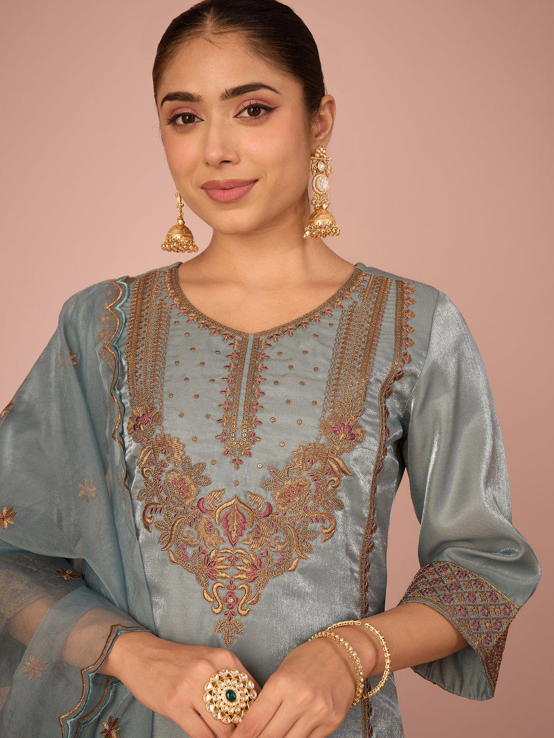 Janasya Women's Blue Silk Blend Floral Zari Embroidered Straight Kurta with Palazzo and Dupatta Set