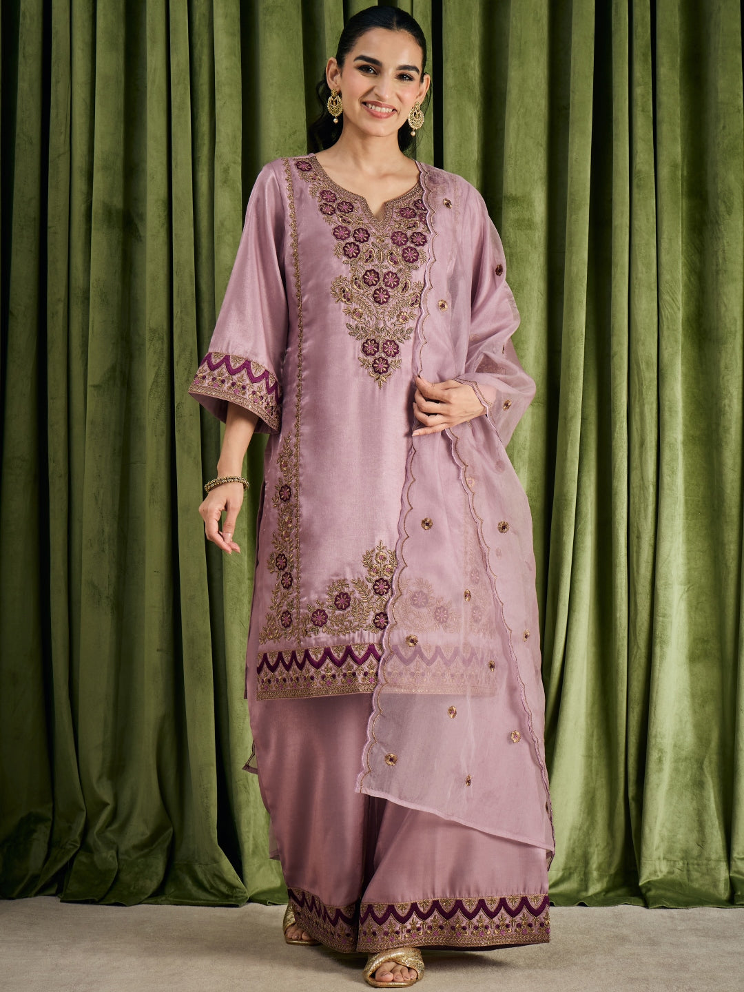 Janasya Women's Lavender Silk Blend Floral Zari Embroidered Straight Kurta with Palazzo and Dupatta Set