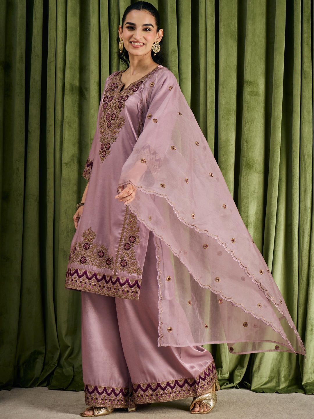 Janasya Women's Lavender Silk Blend Floral Zari Embroidered Straight Kurta with Palazzo and Dupatta Set