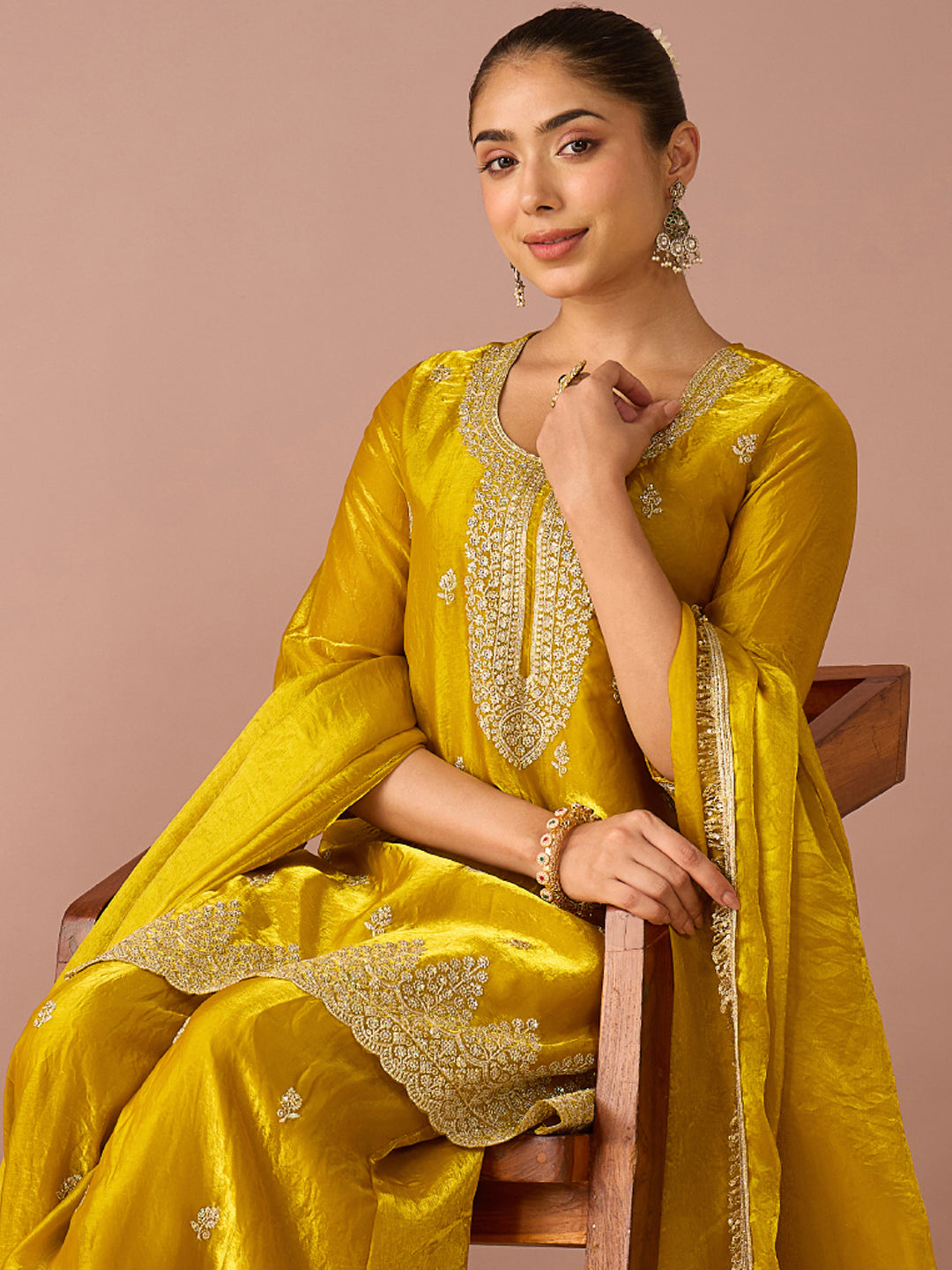 Janasya Women's Yellow Silk Blend Floral Zari Embroidered Straight Kurta with Palazzo And Dupatta Set