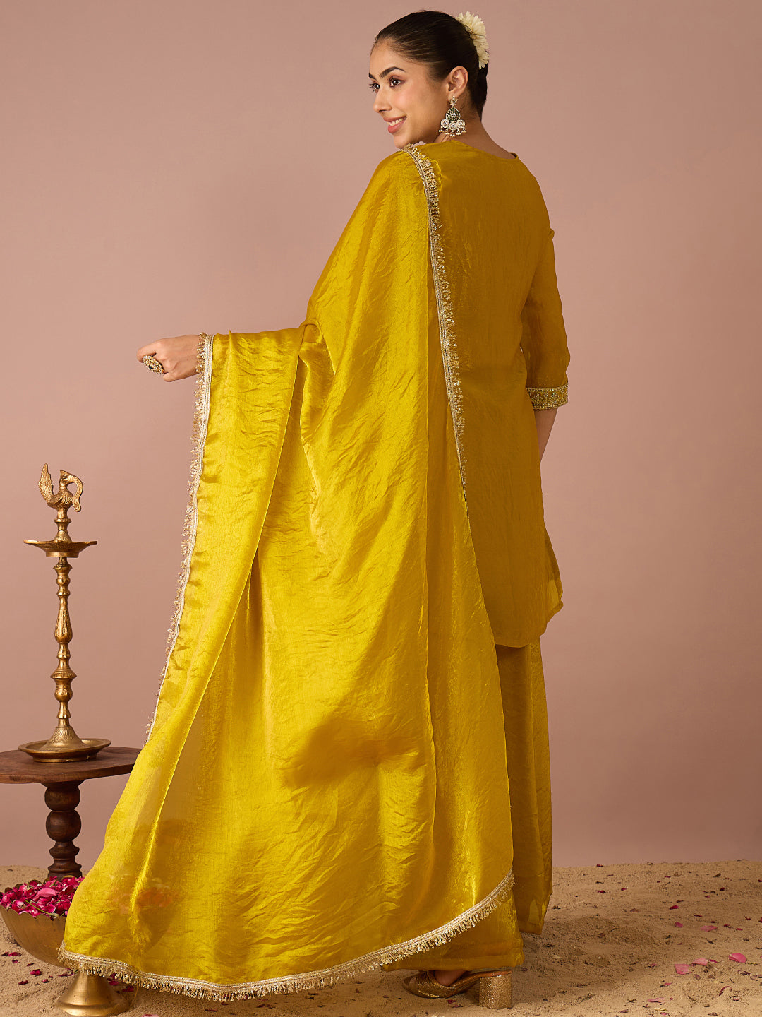 Janasya Women's Yellow Silk Blend Floral Zari Embroidered Straight Kurta with Palazzo And Dupatta Set
