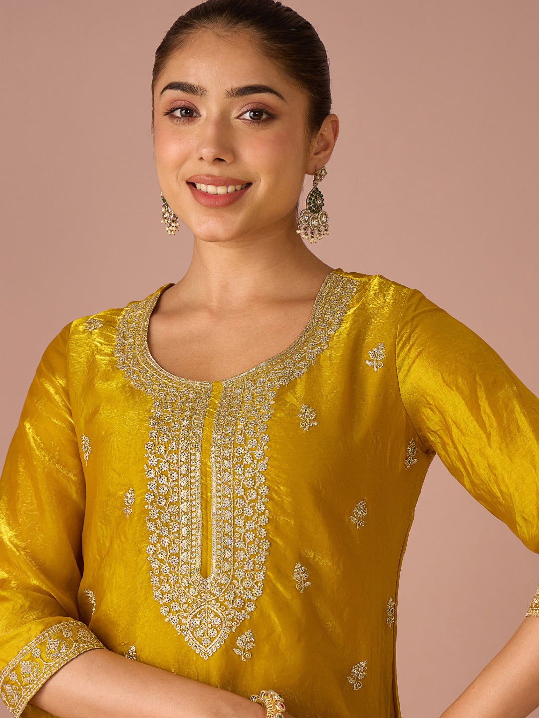 Janasya Women's Yellow Silk Blend Floral Zari Embroidered Straight Kurta with Palazzo And Dupatta Set