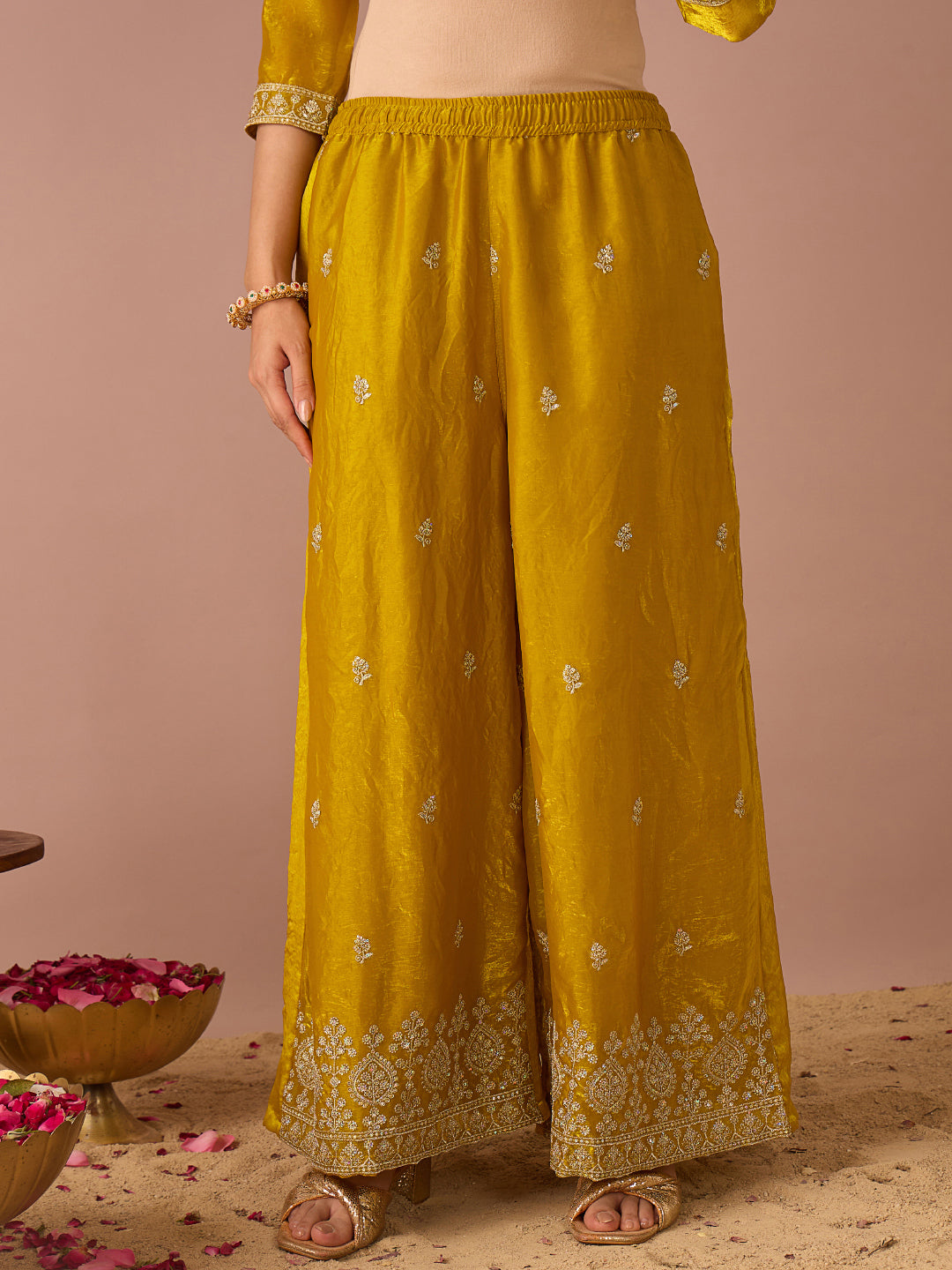 Janasya Women's Yellow Silk Blend Floral Zari Embroidered Straight Kurta with Palazzo And Dupatta Set