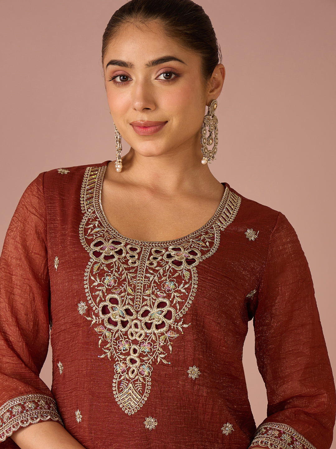 Janasya Women's Rust Tissue Silk Floral Zari Embroidered Straight Kurta with Palazzo And Dupatta Set