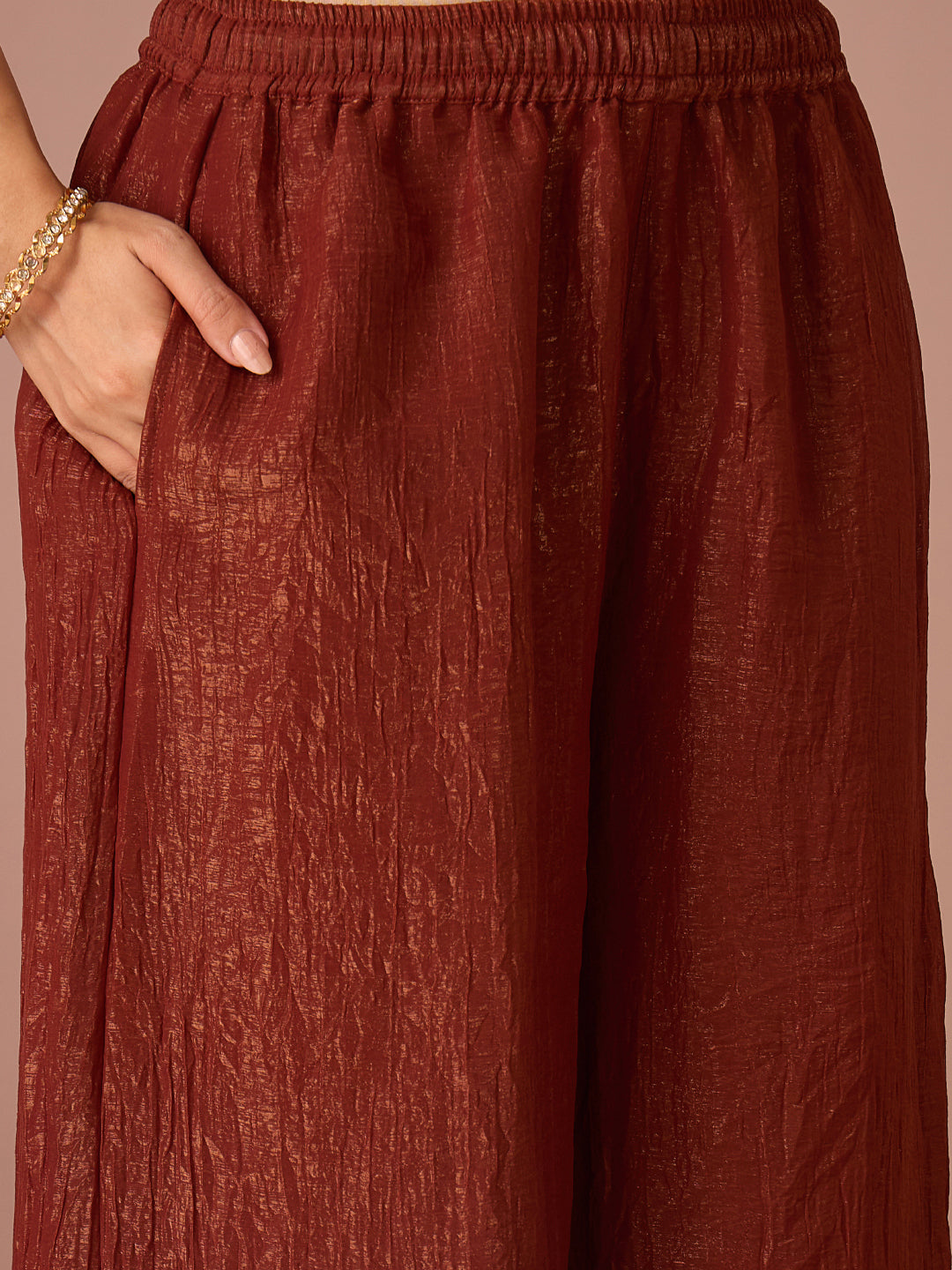 Janasya Women's Rust Tissue Silk Floral Zari Embroidered Straight Kurta with Palazzo And Dupatta Set