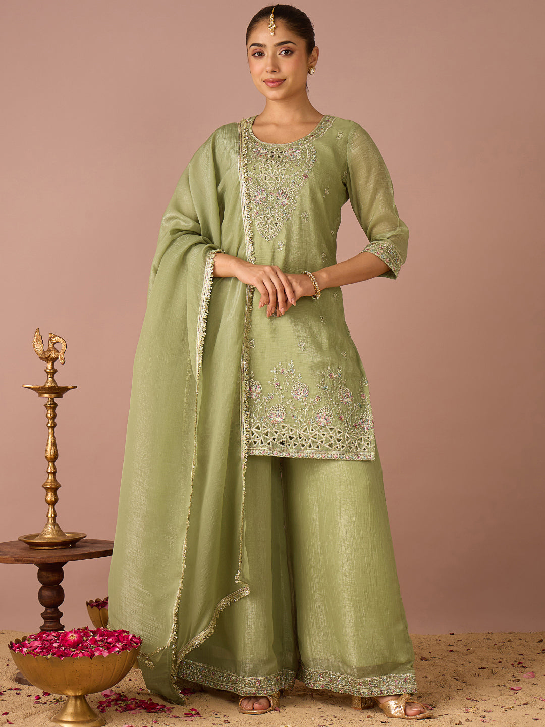 Janasya Women's Sage Green Tissue Silk Floral Zari Embroidered Straight Kurta with Palazzo And Dupatta Set