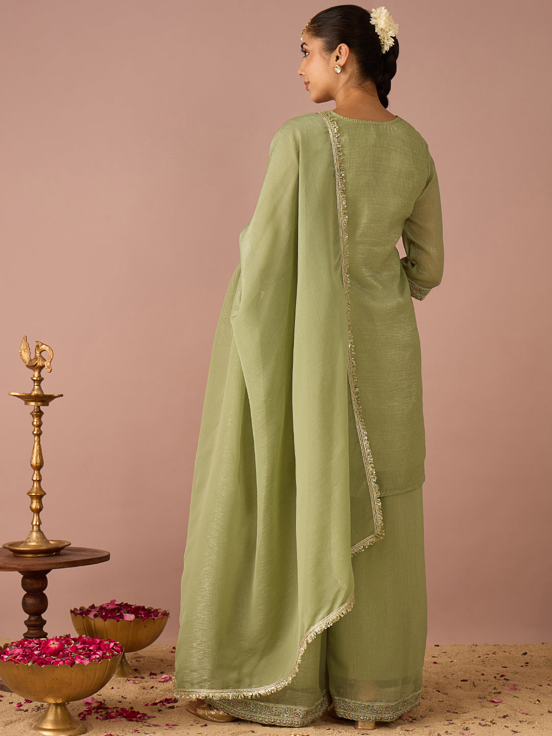 Janasya Women's Sage Green Tissue Silk Floral Zari Embroidered Straight Kurta with Palazzo And Dupatta Set