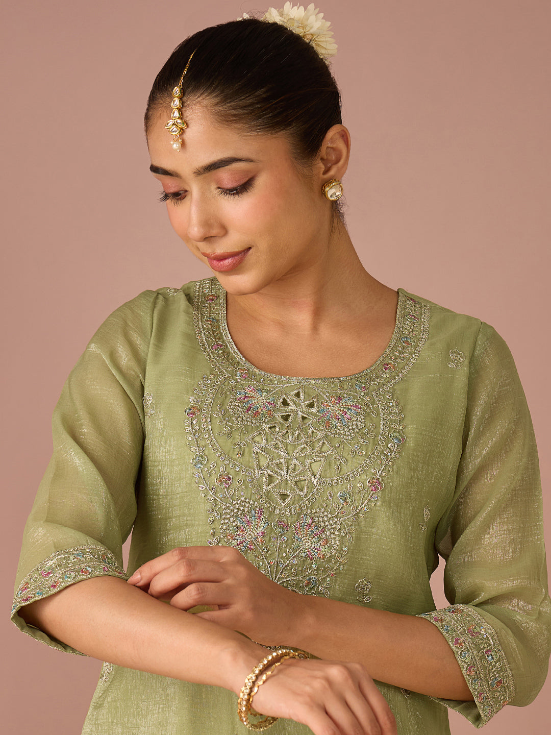 Janasya Women's Sage Green Tissue Silk Floral Zari Embroidered Straight Kurta with Palazzo And Dupatta Set