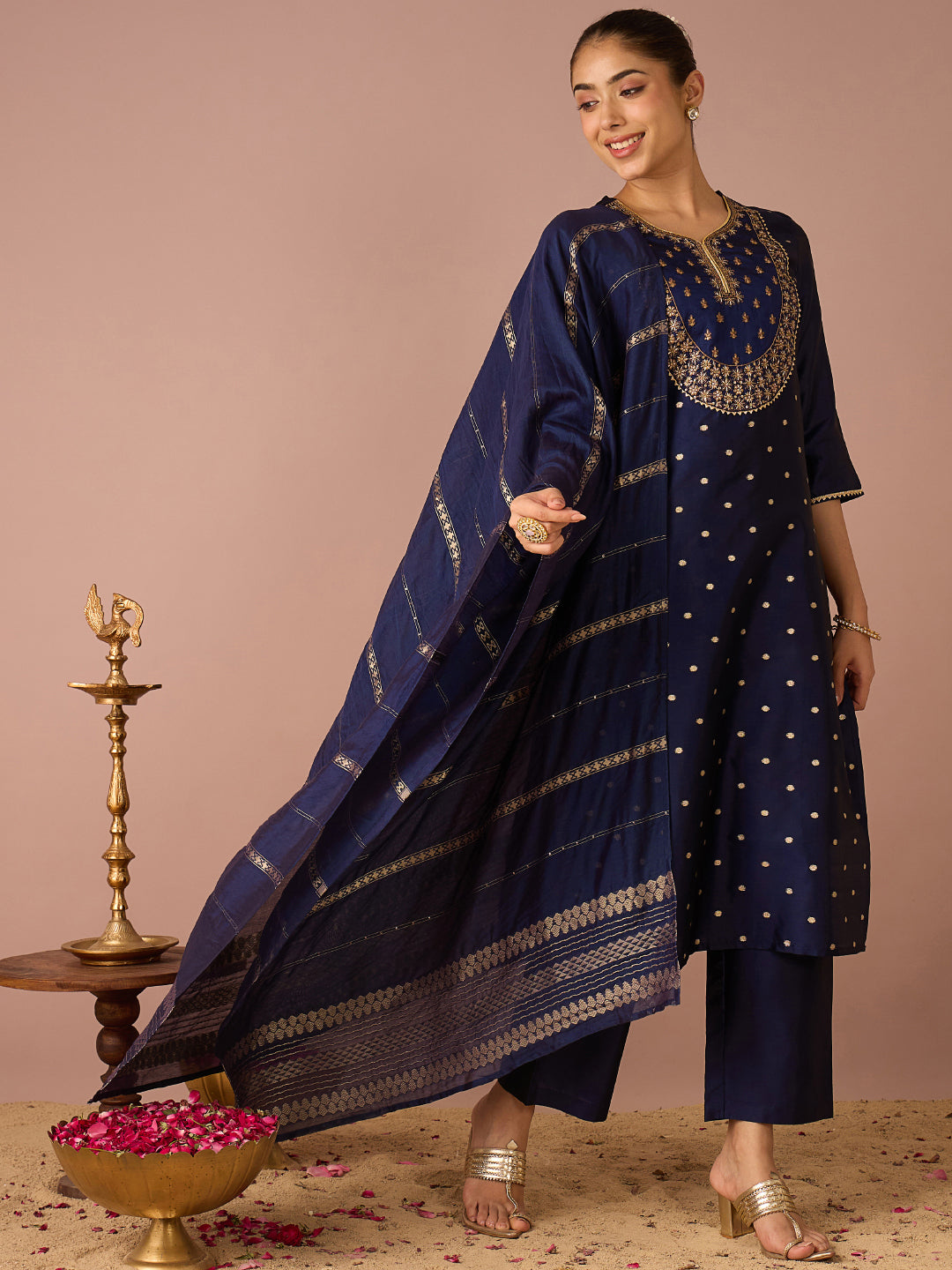 Janasya Women's Navy Blue Chanderi Silk Floral Zari Embroidered Straight Kurta Set