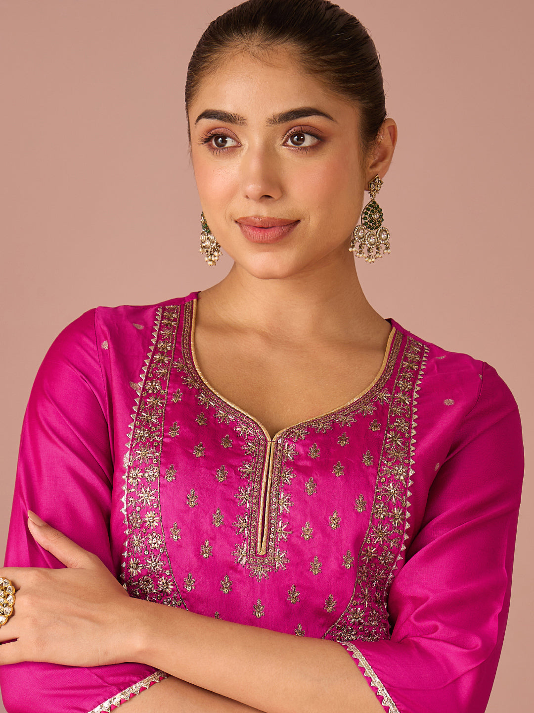 Janasya Women's Pink Chanderi Silk Floral Zari Embroidered Straight Kurta Set