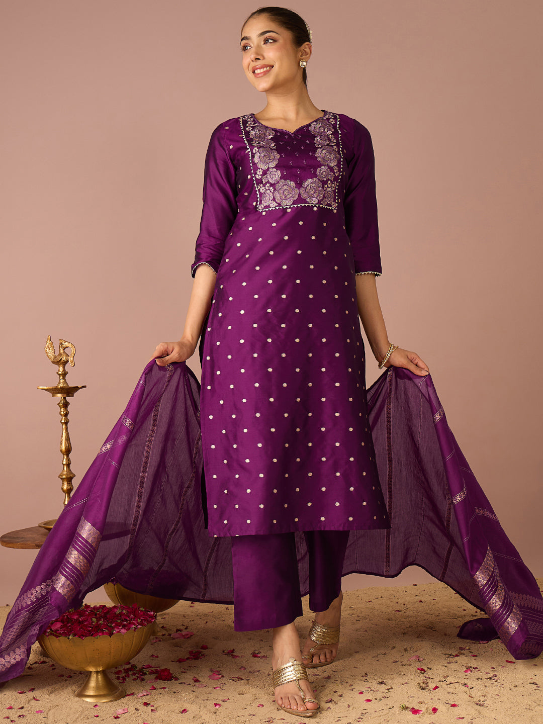 Janasya Women's Purple Chanderi Silk Floral Zari Embroidered Straight Kurta Set