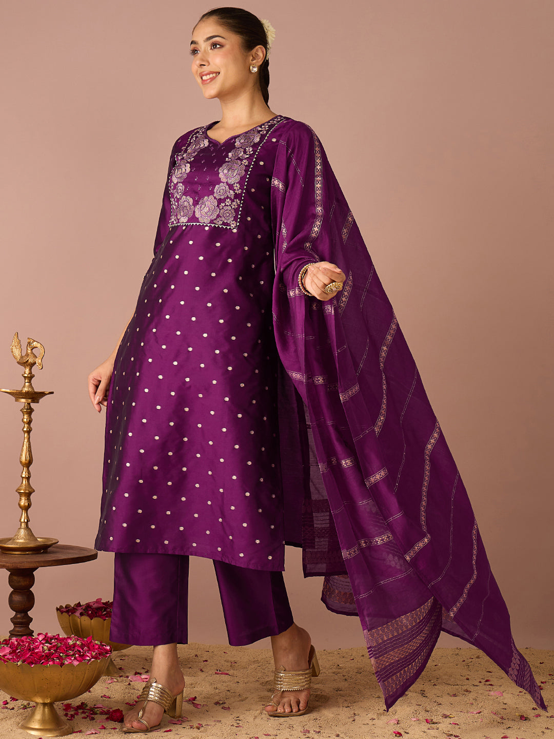 Janasya Women's Purple Chanderi Silk Floral Zari Embroidered Straight Kurta Set