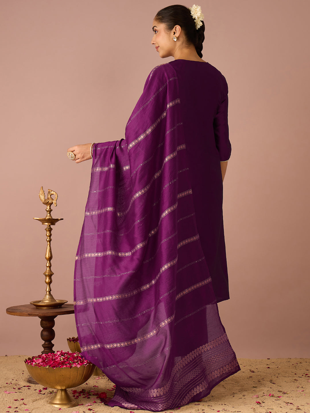 Janasya Women's Purple Chanderi Silk Floral Zari Embroidered Straight Kurta Set
