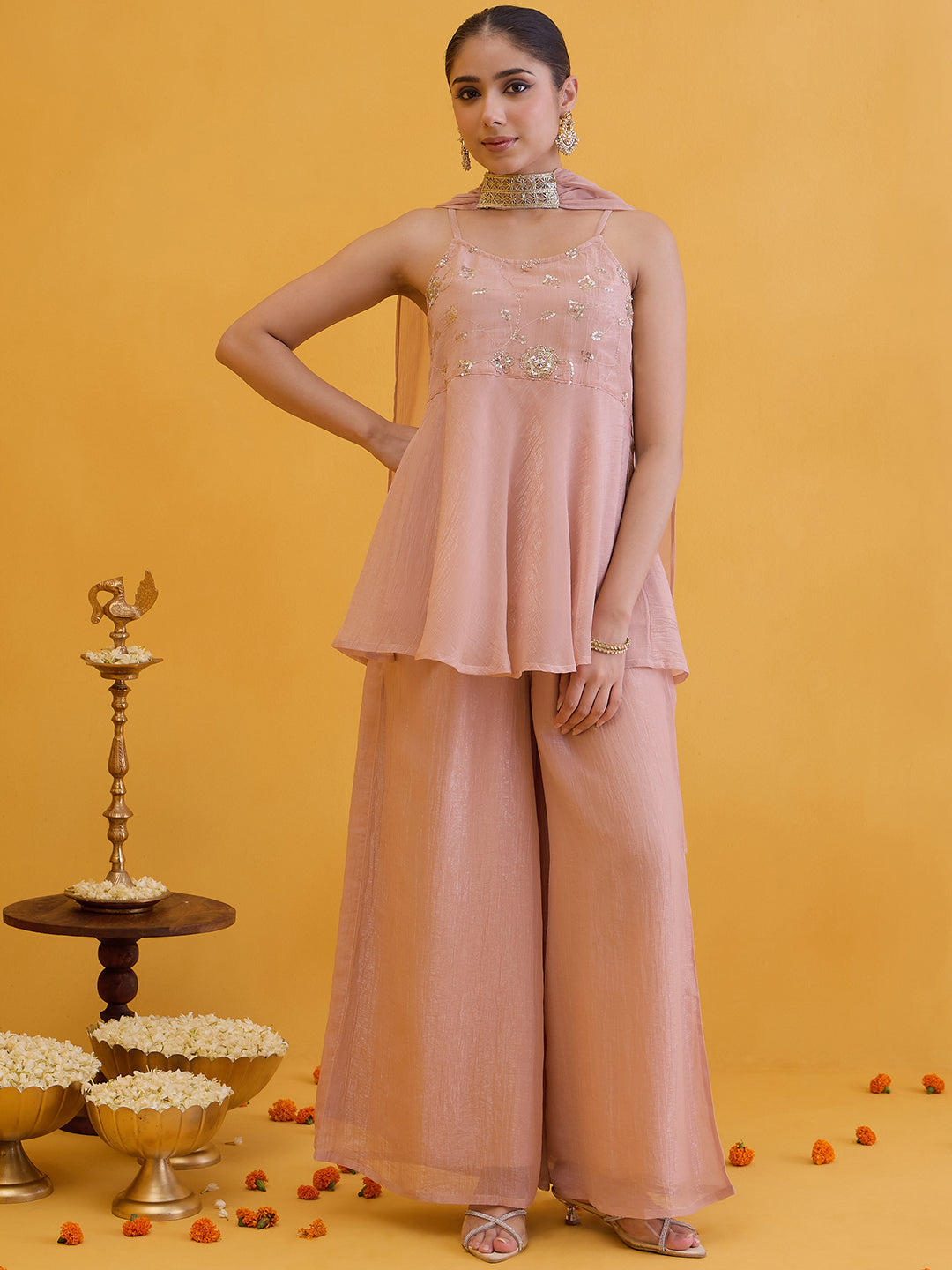Janasya Women's Peach Tissue Silk Floral Embroidered Peplum Top with Palazzo and Choker Dupatta Set