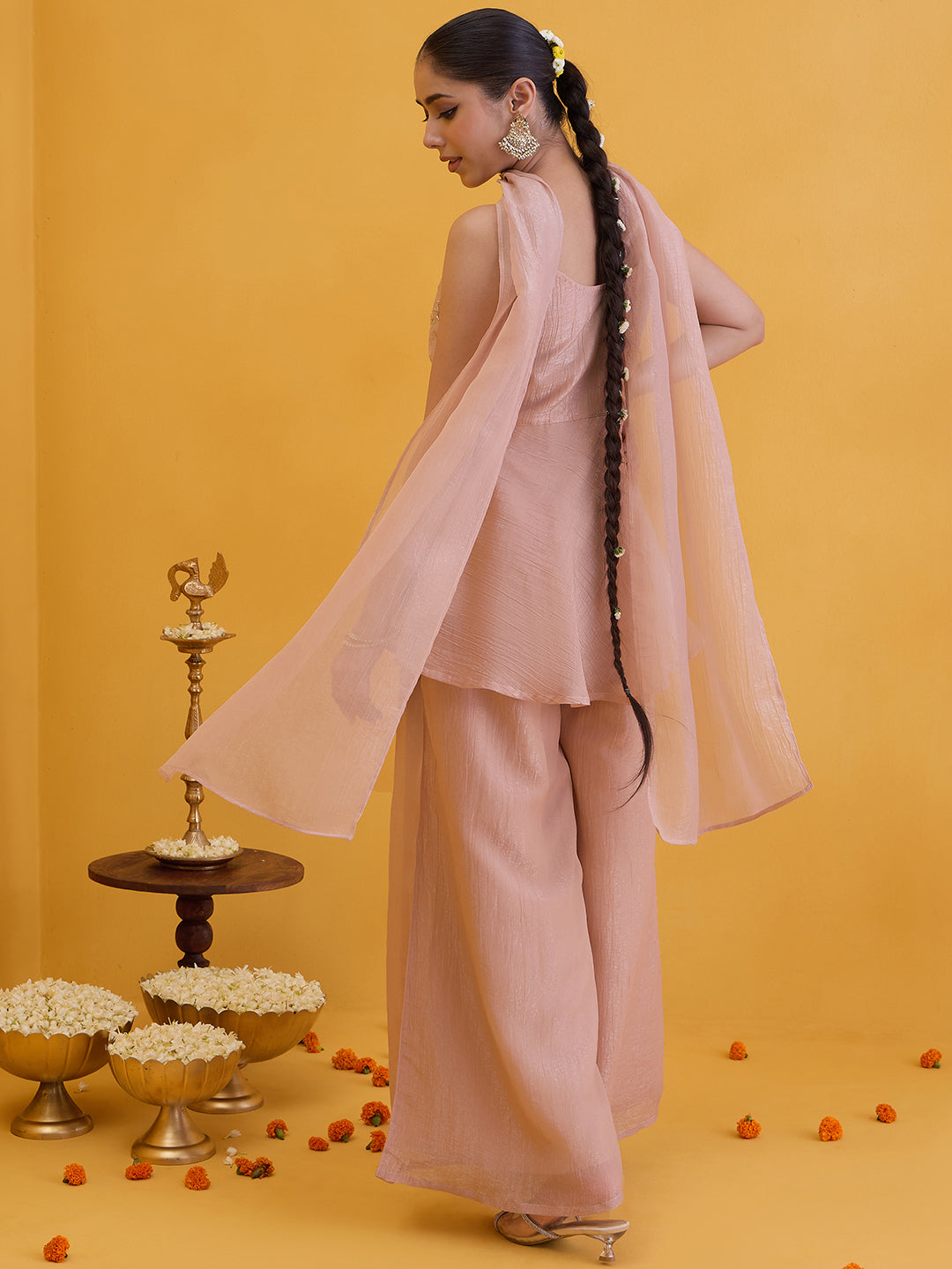 Janasya Women's Peach Tissue Silk Floral Embroidered Peplum Top with Palazzo and Choker Dupatta Set