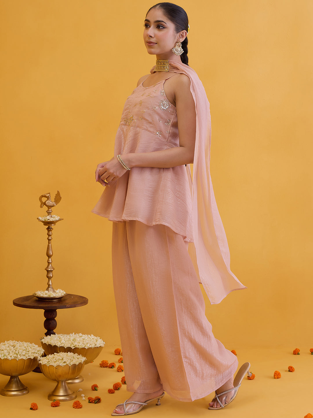 Janasya Women's Peach Tissue Silk Floral Embroidered Peplum Top with Palazzo and Choker Dupatta Set