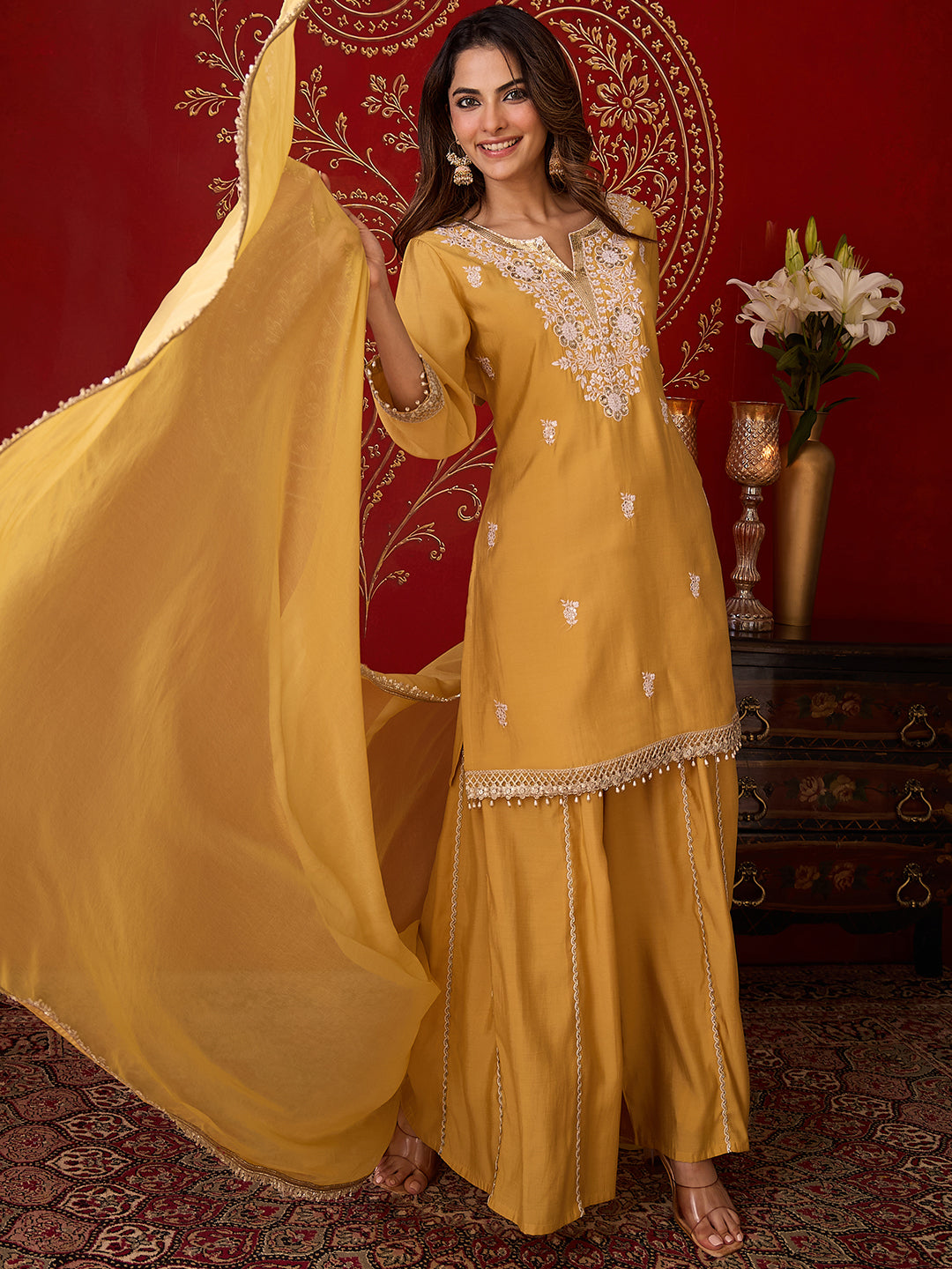 Janasya Women's Yellow Chanderi Silk Floral Embroidered Straight Kurta with Sharara and Dupatta Set