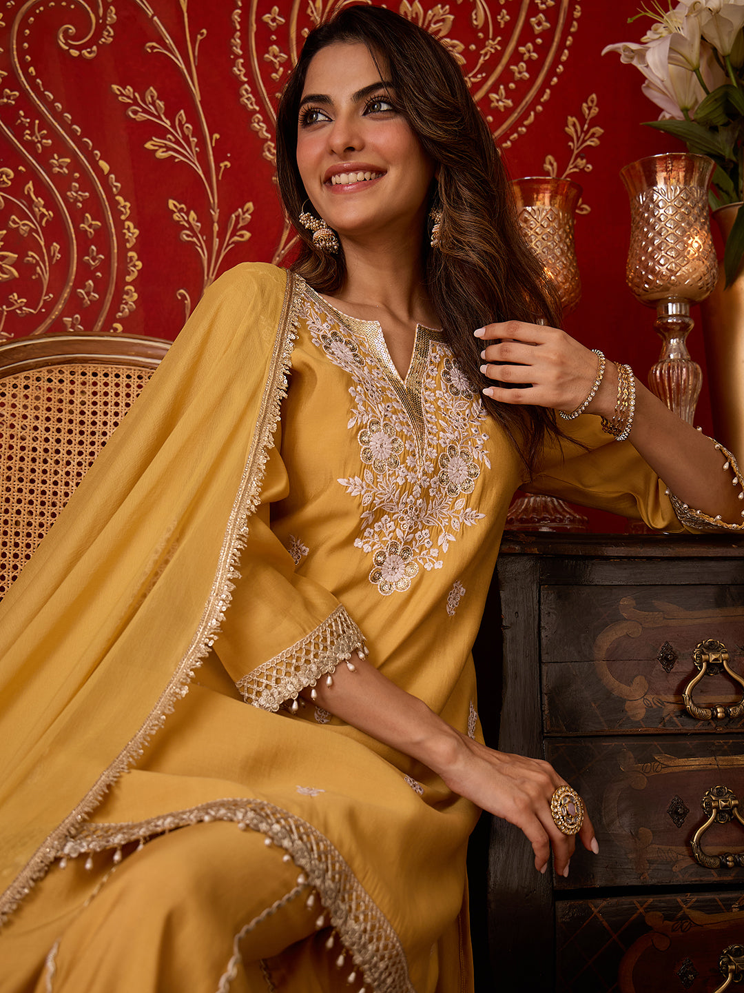 Janasya Women's Yellow Chanderi Silk Floral Embroidered Straight Kurta with Sharara and Dupatta Set