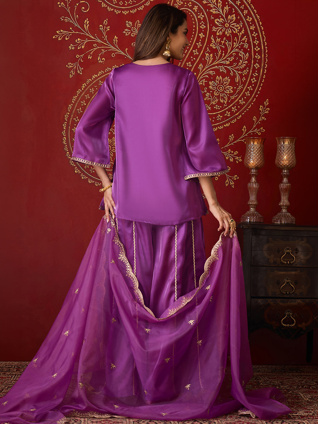Janasya Women's Purple Silk Blend Zari Floral Embroidered Straight Kurta with Sharara & Dupatta Set