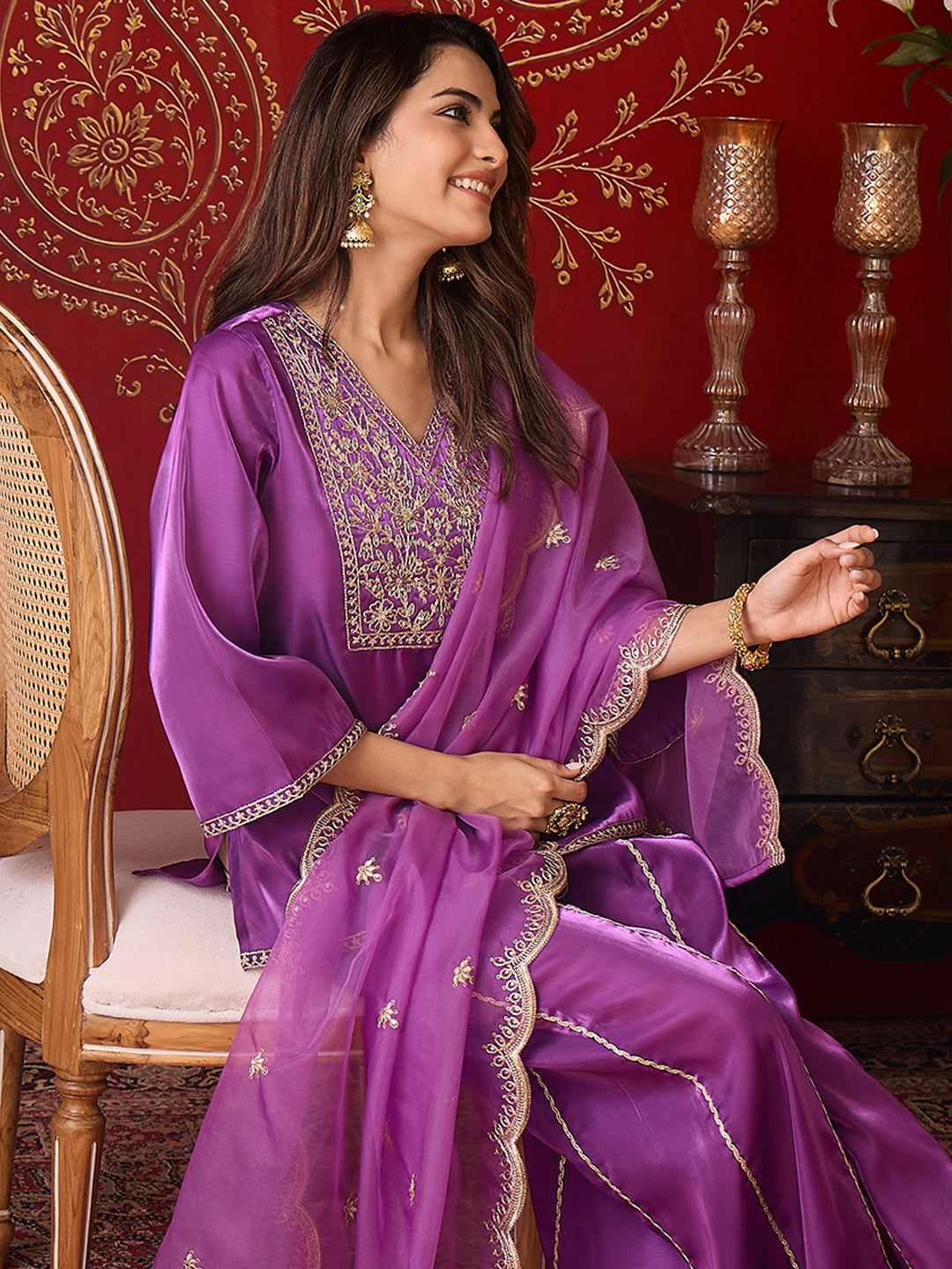 Janasya Women's Purple Silk Blend Zari Floral Embroidered Straight Kurta with Sharara & Dupatta Set