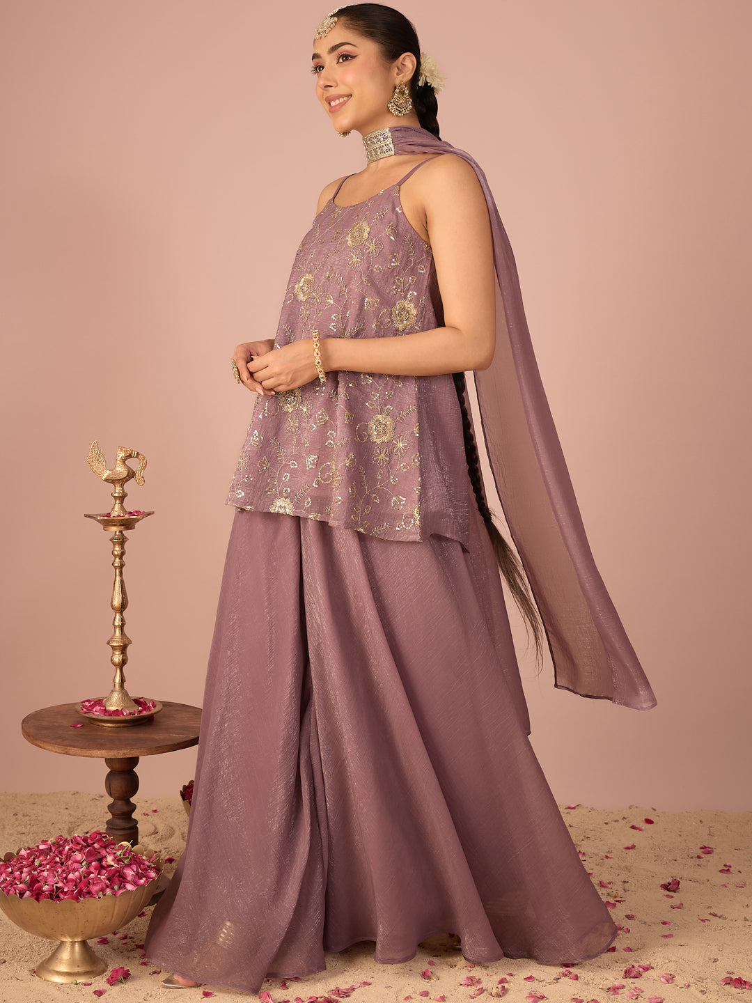 Janasya Women's Lavender Tissue Silk Floral Zari Embroidered Sequinned Peplum Top with Sharara & Choker Dupatta Set